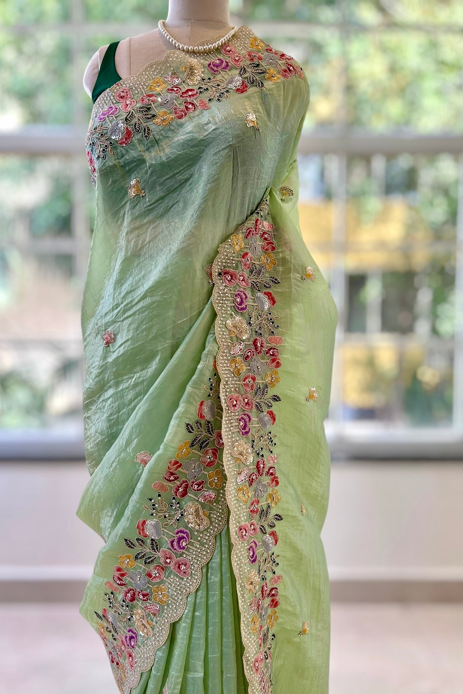Pearl embroidered organza saree - Green