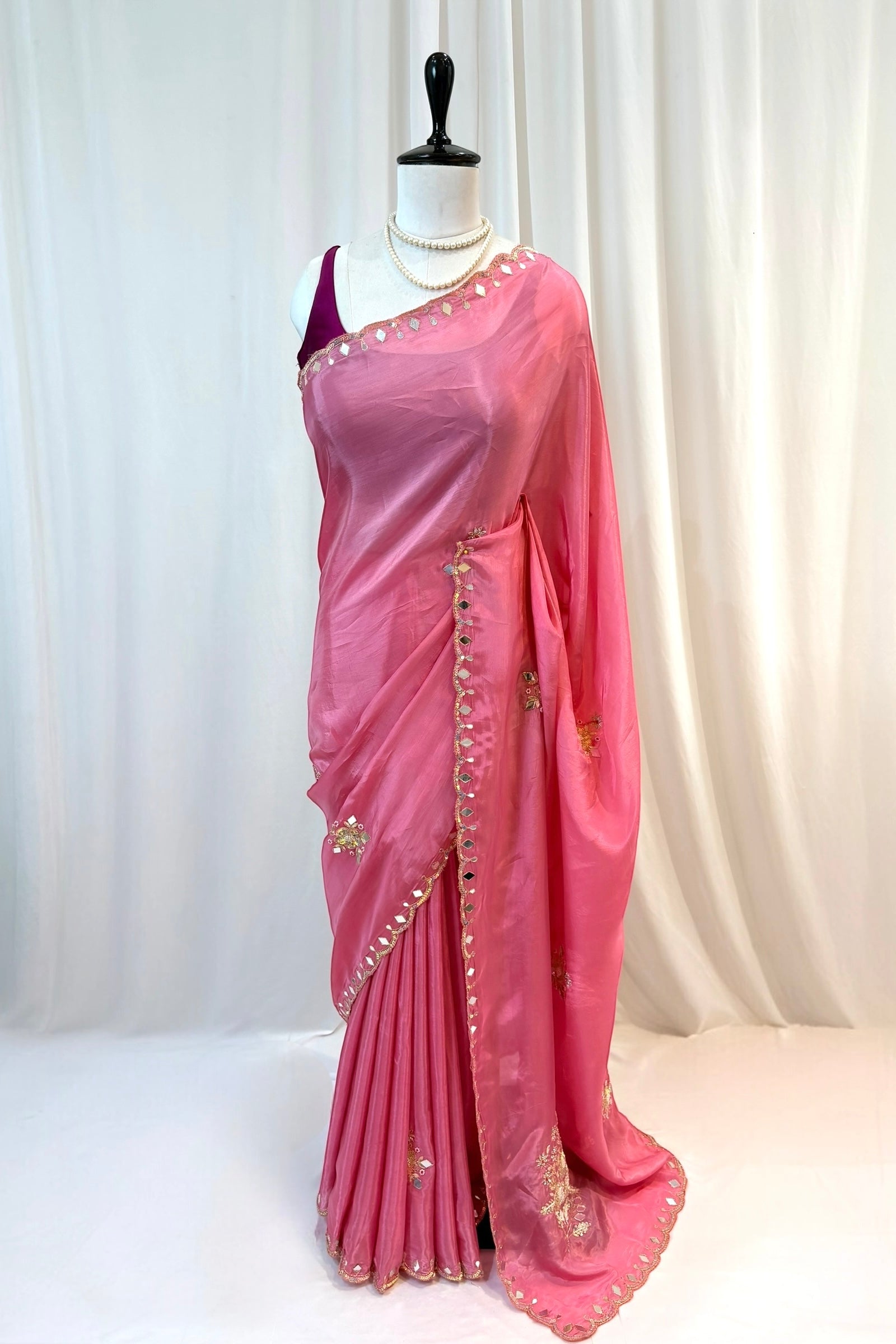 Baby pink mirror work sequins saree