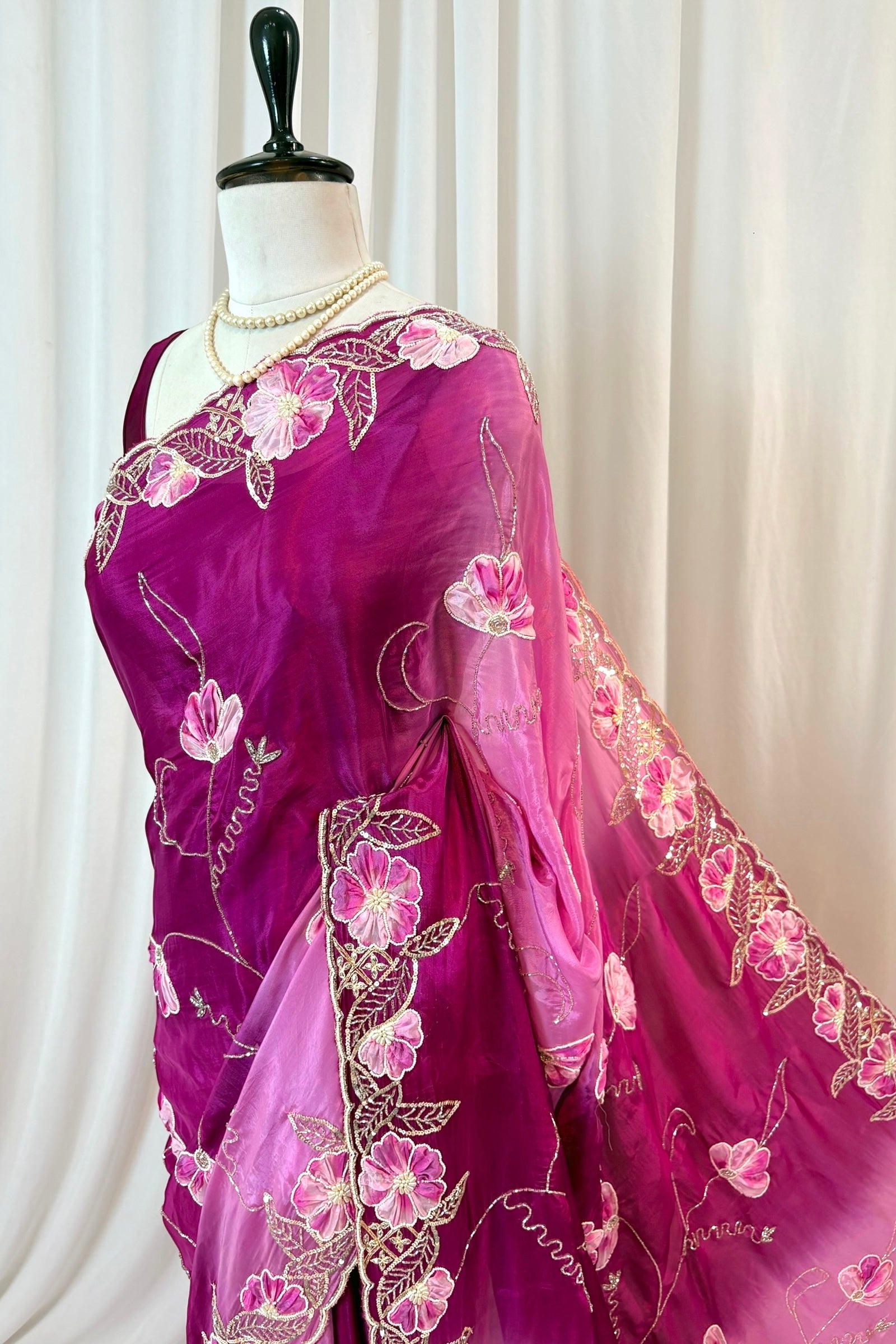 Soft satin organza shaded sequins saree -