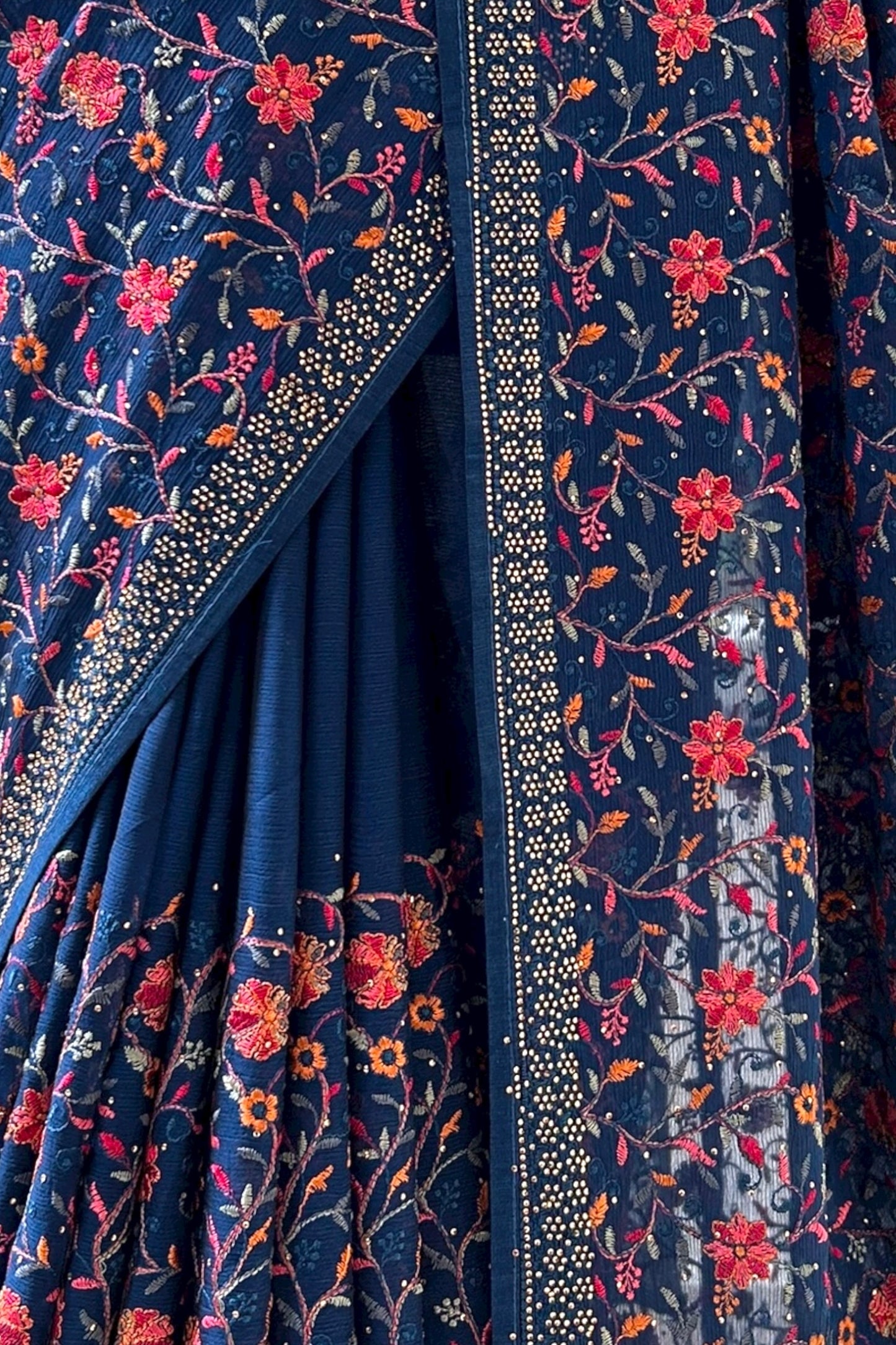 Navy blue embroidered chiffon saree