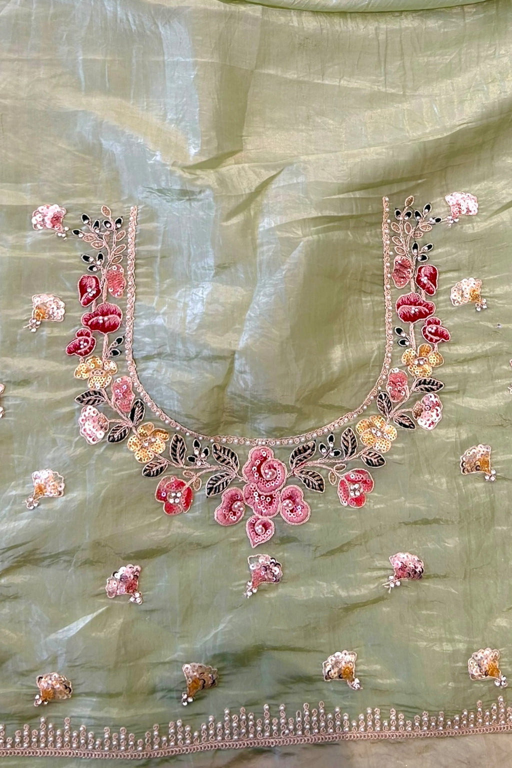Pearl embroidered organza saree - Green