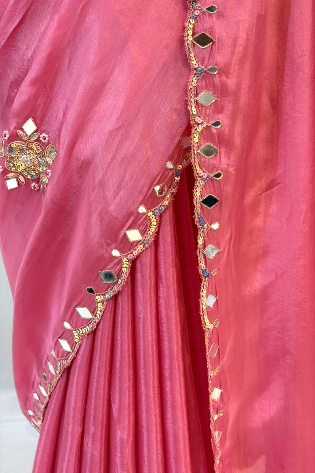 Baby pink mirror work sequins saree