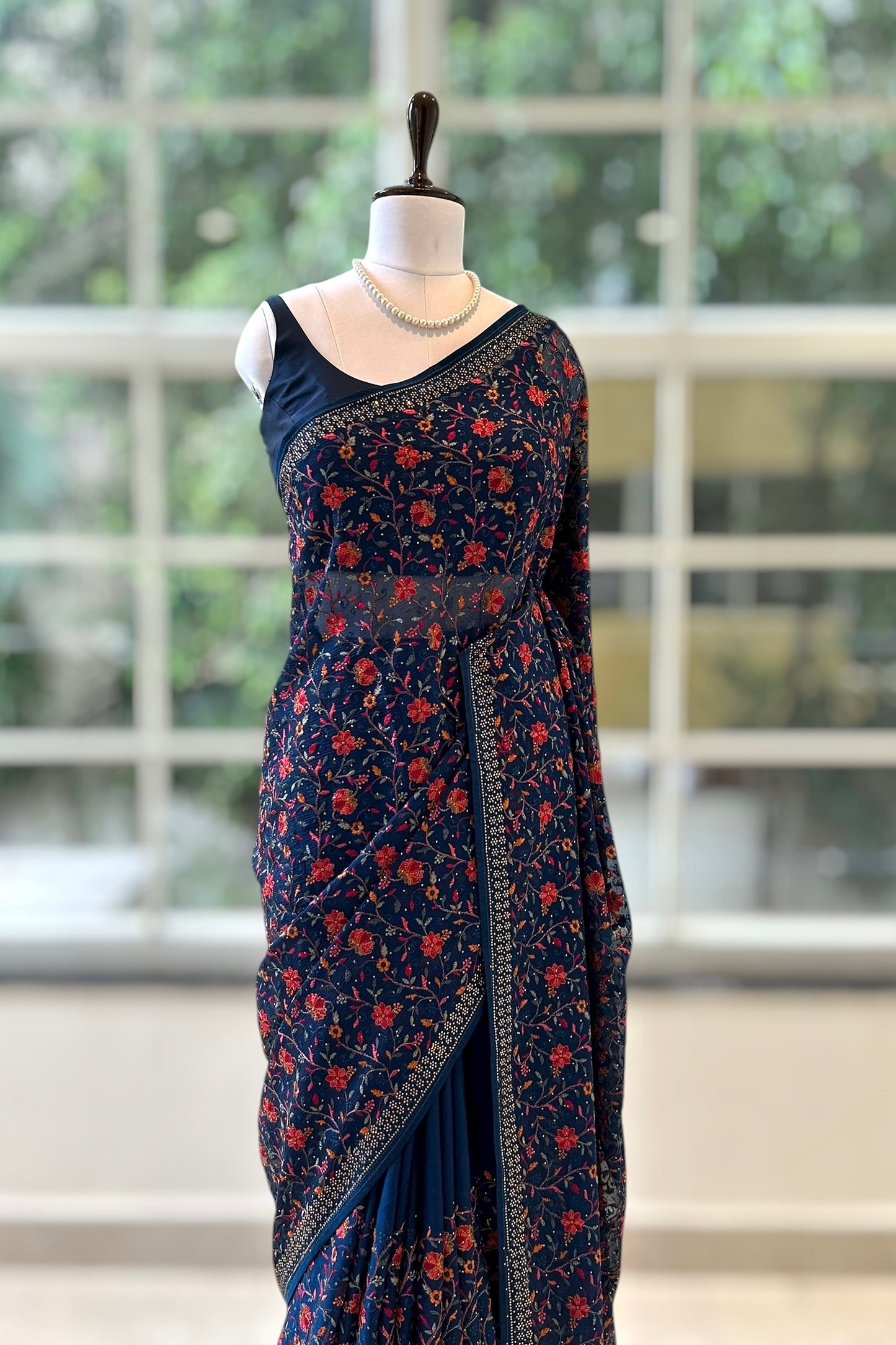 Navy blue embroidered chiffon saree