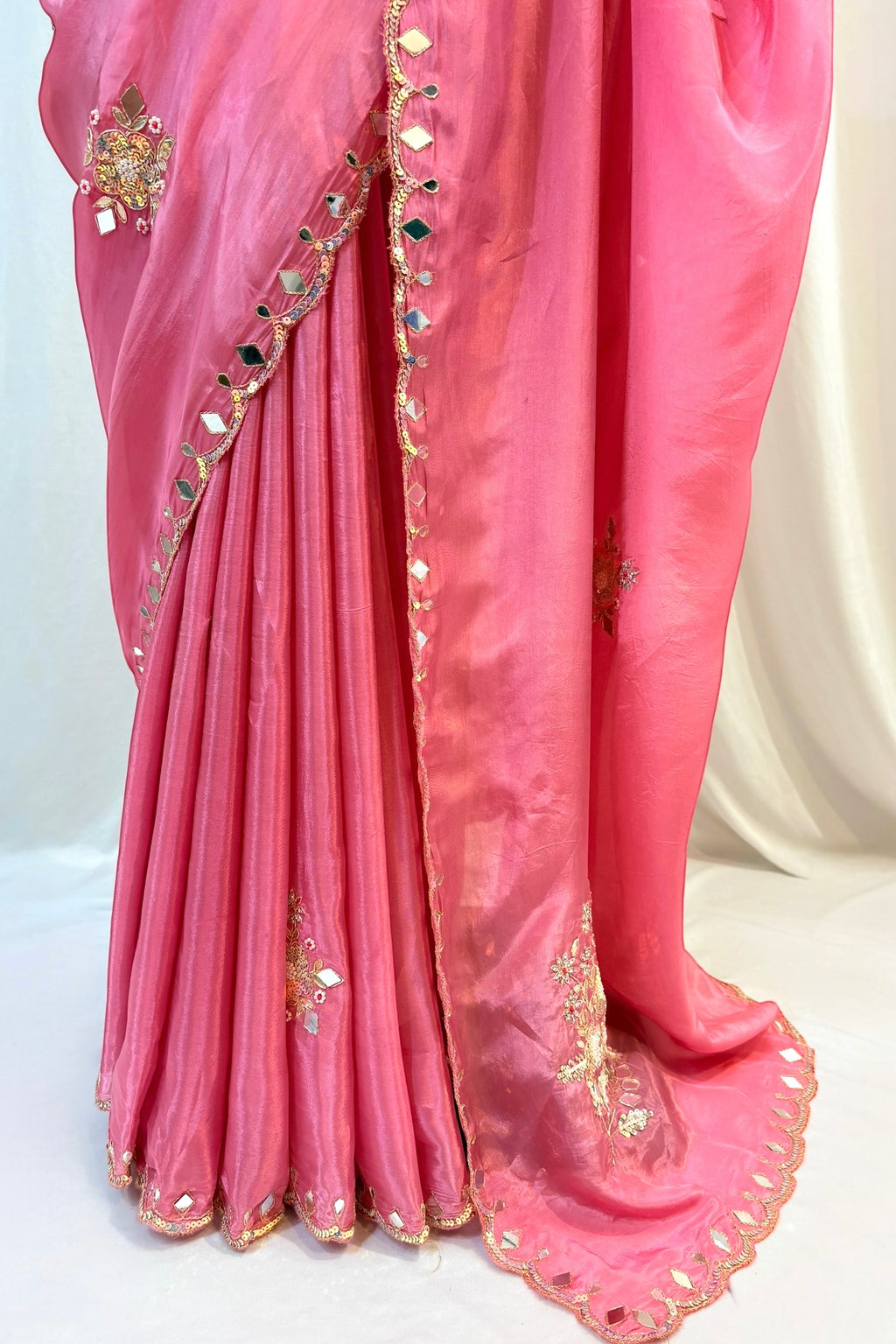 Baby pink mirror work sequins saree