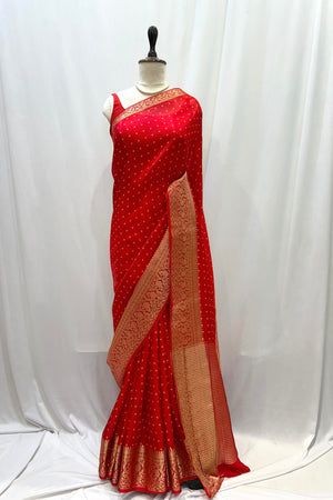 Bandhani print soft organza saree - Red