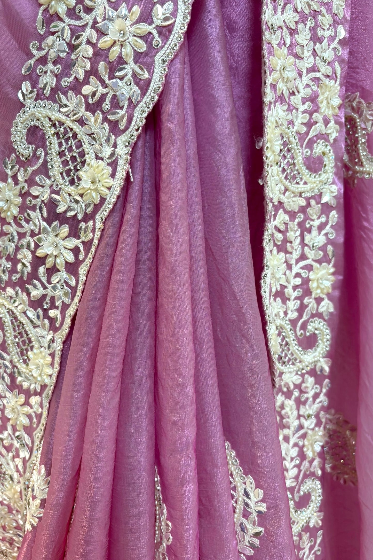 Pink fendy satin pearl embellished saree