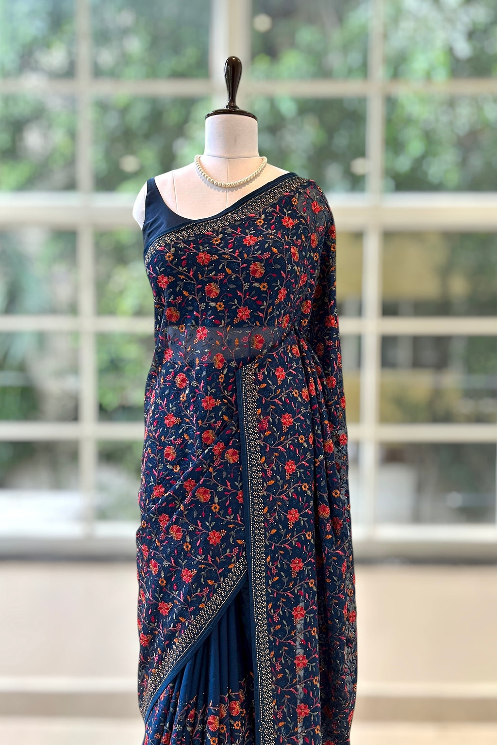 Navy blue embroidered chiffon saree