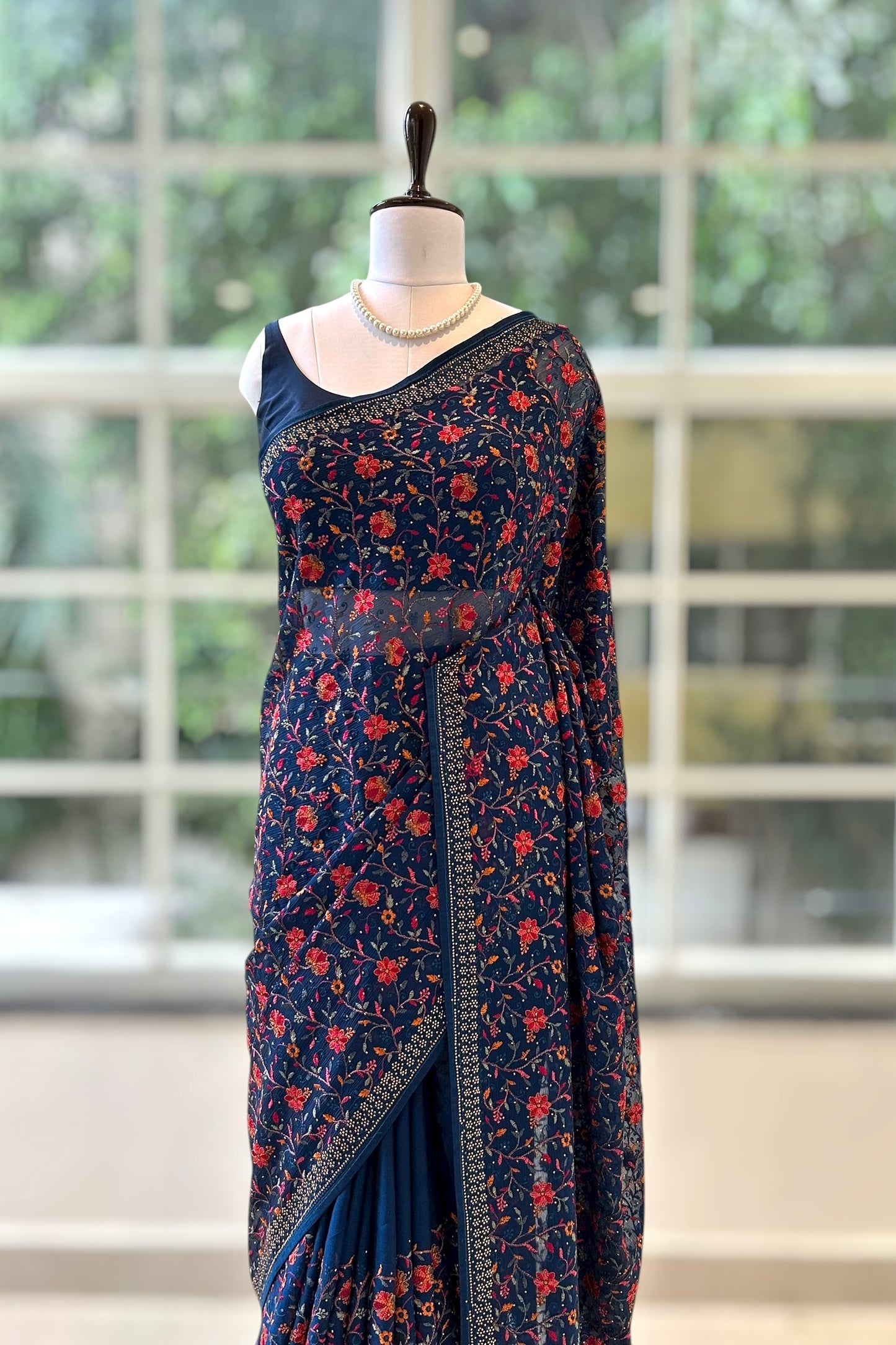 Navy blue embroidered chiffon saree
