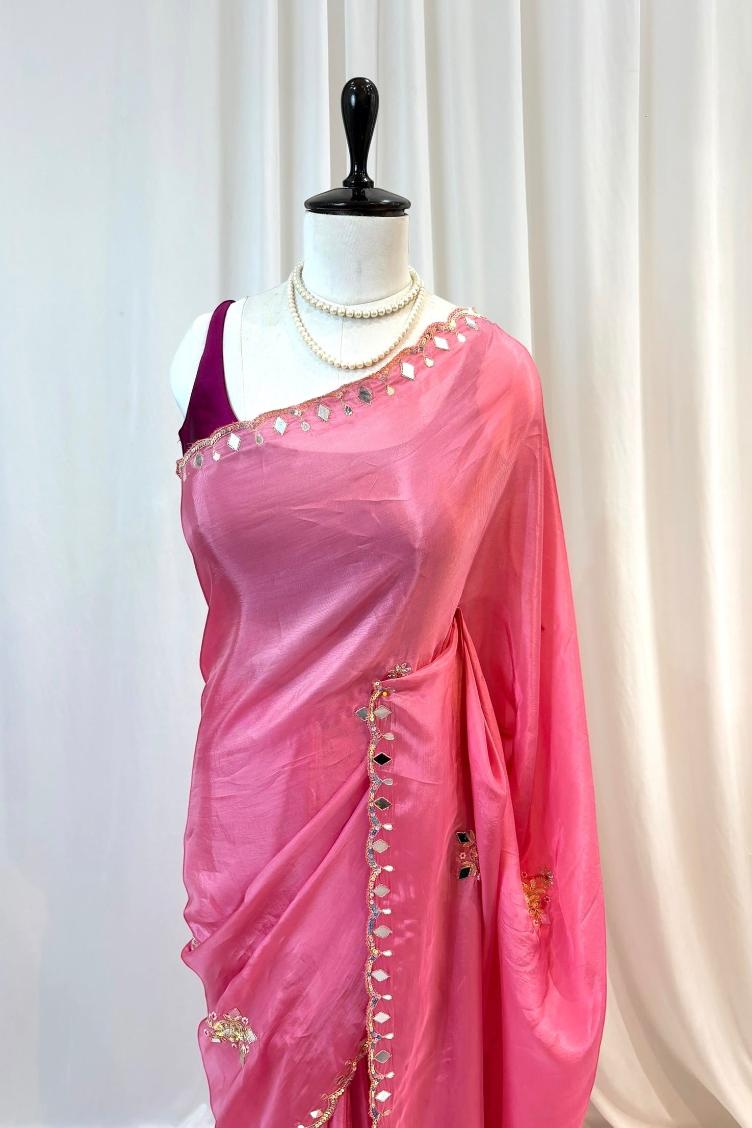 Baby pink mirror work sequins saree