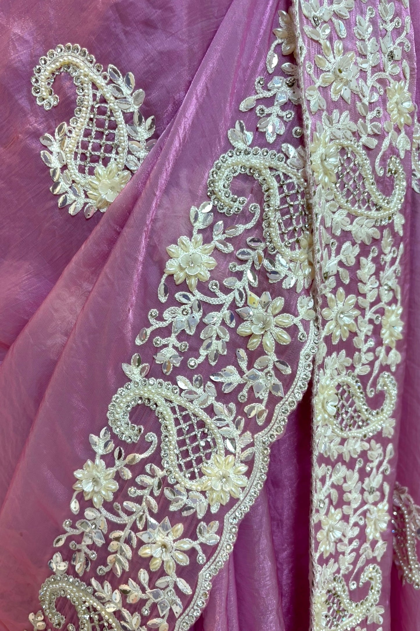 Pink fendy satin pearl embellished saree