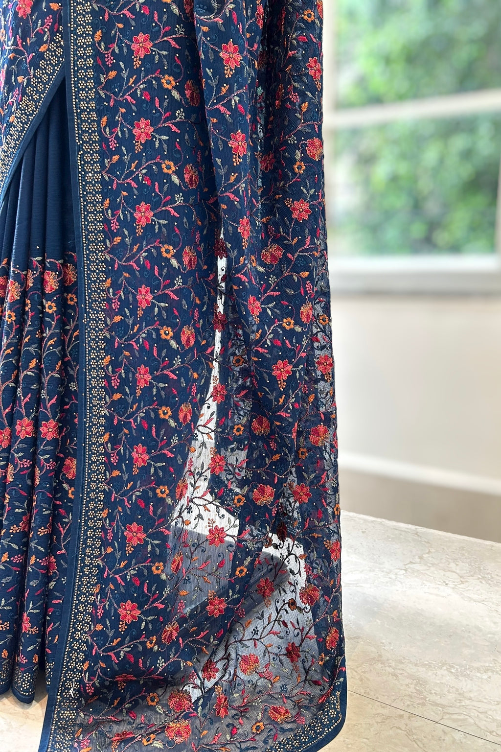Navy blue embroidered chiffon saree