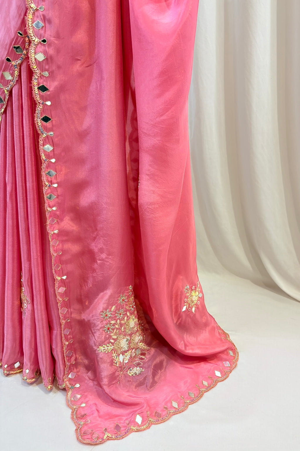 Baby pink mirror work sequins saree