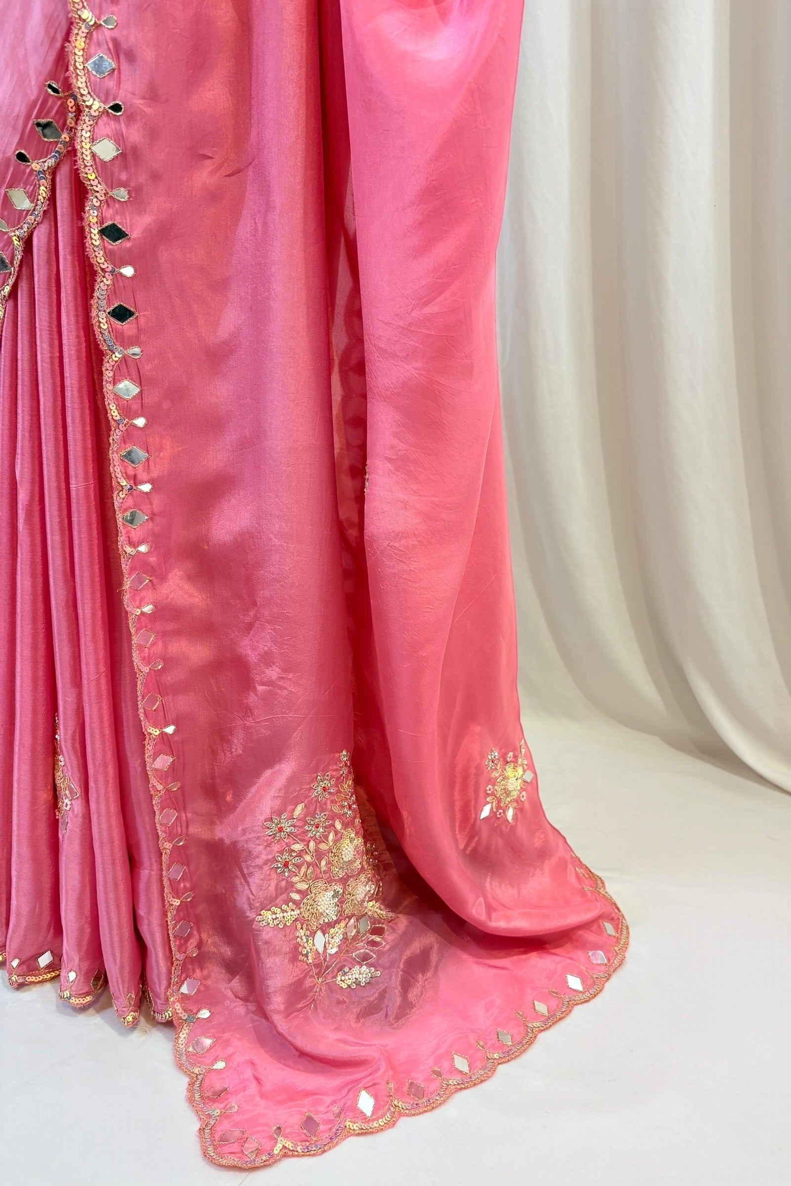 Baby pink mirror work sequins saree