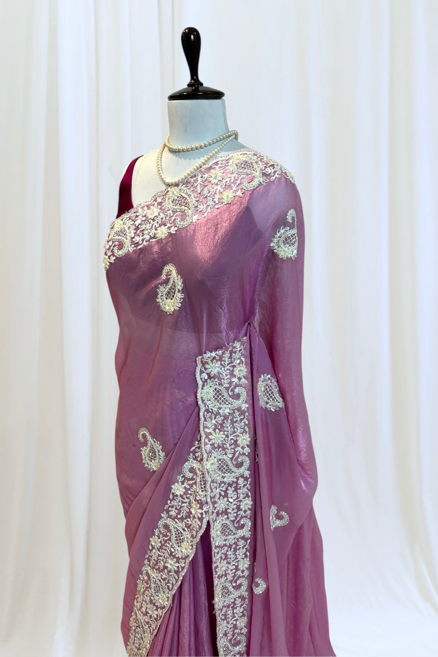 Pink fendy satin pearl embellished saree
