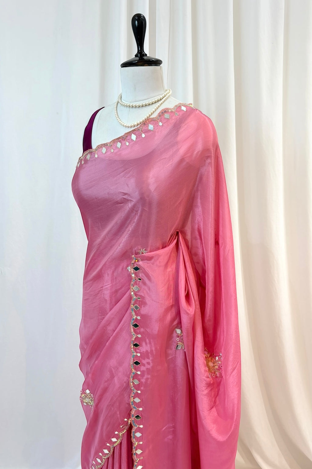 Baby pink mirror work sequins saree