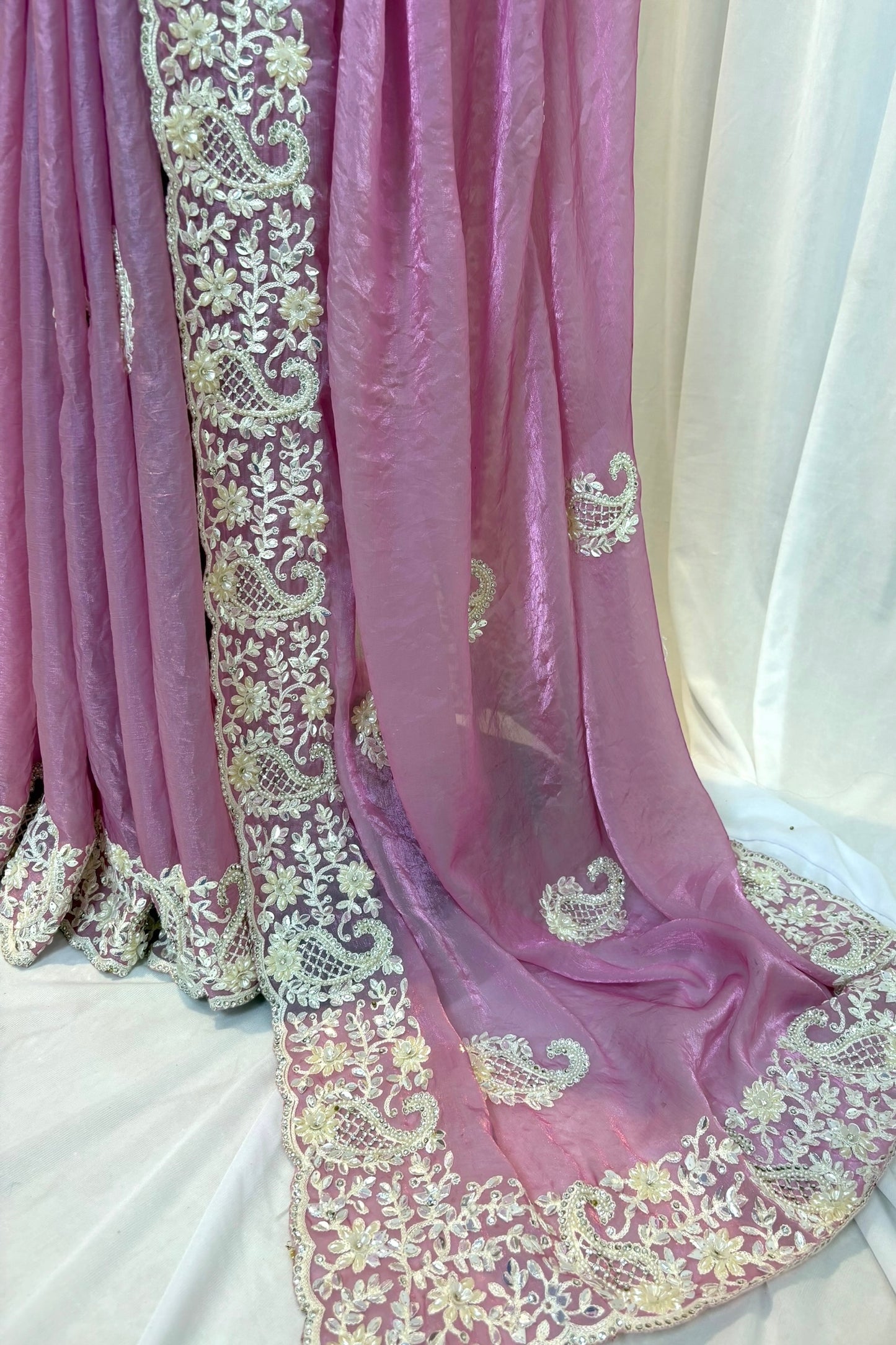 Pink fendy satin pearl embellished saree