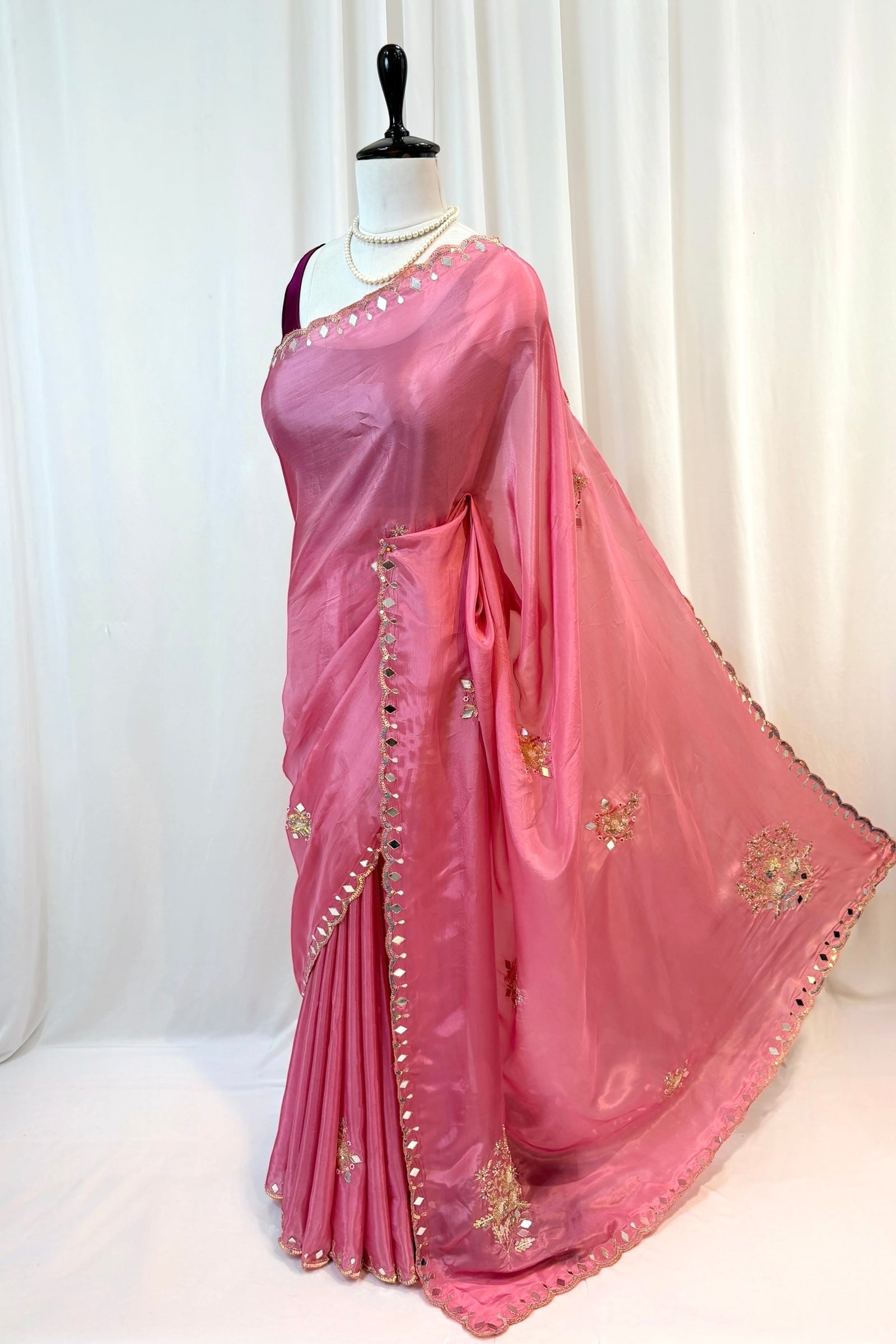 Baby pink mirror work sequins saree