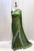 Olive green floral embellished saree