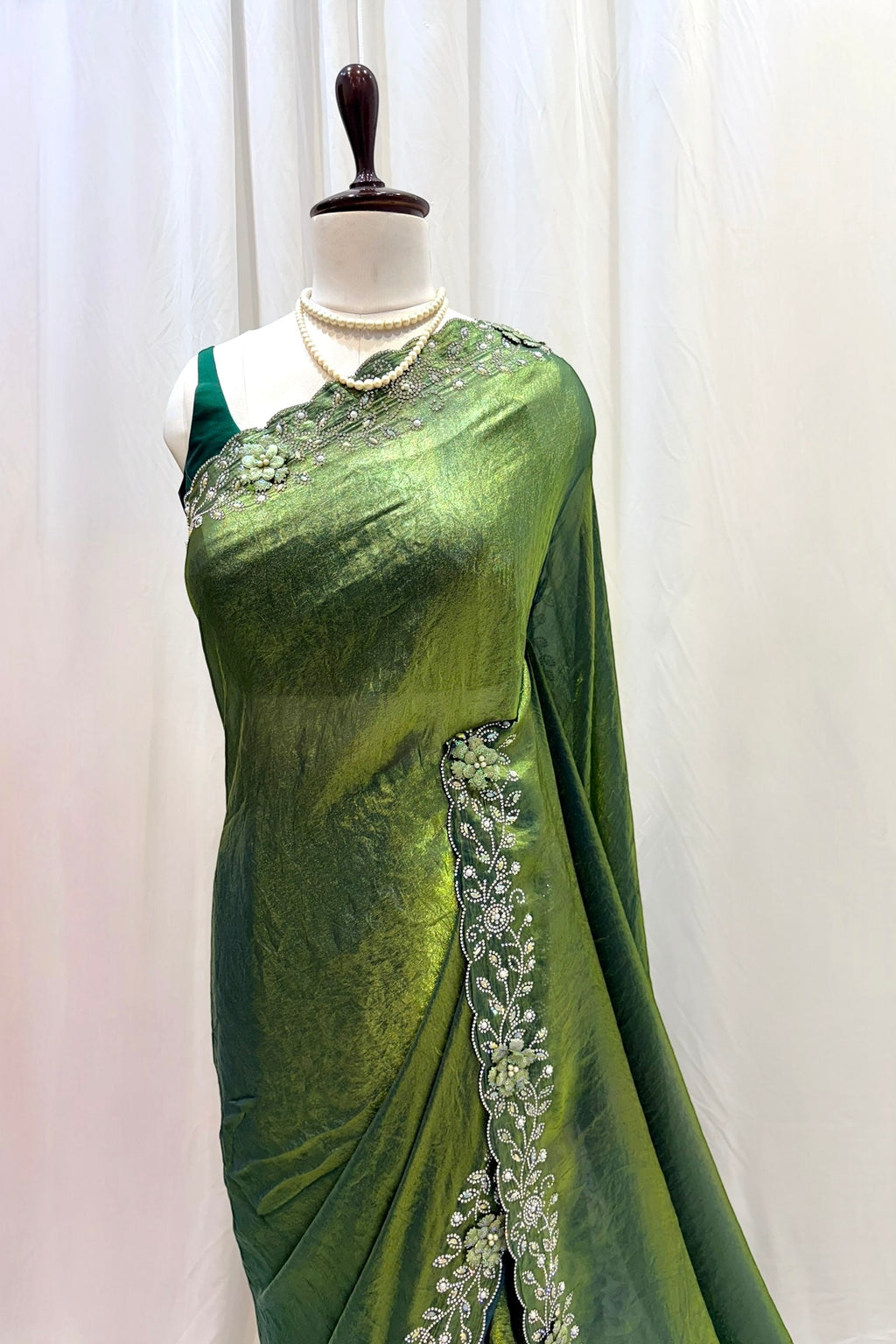 Olive green floral embellished saree