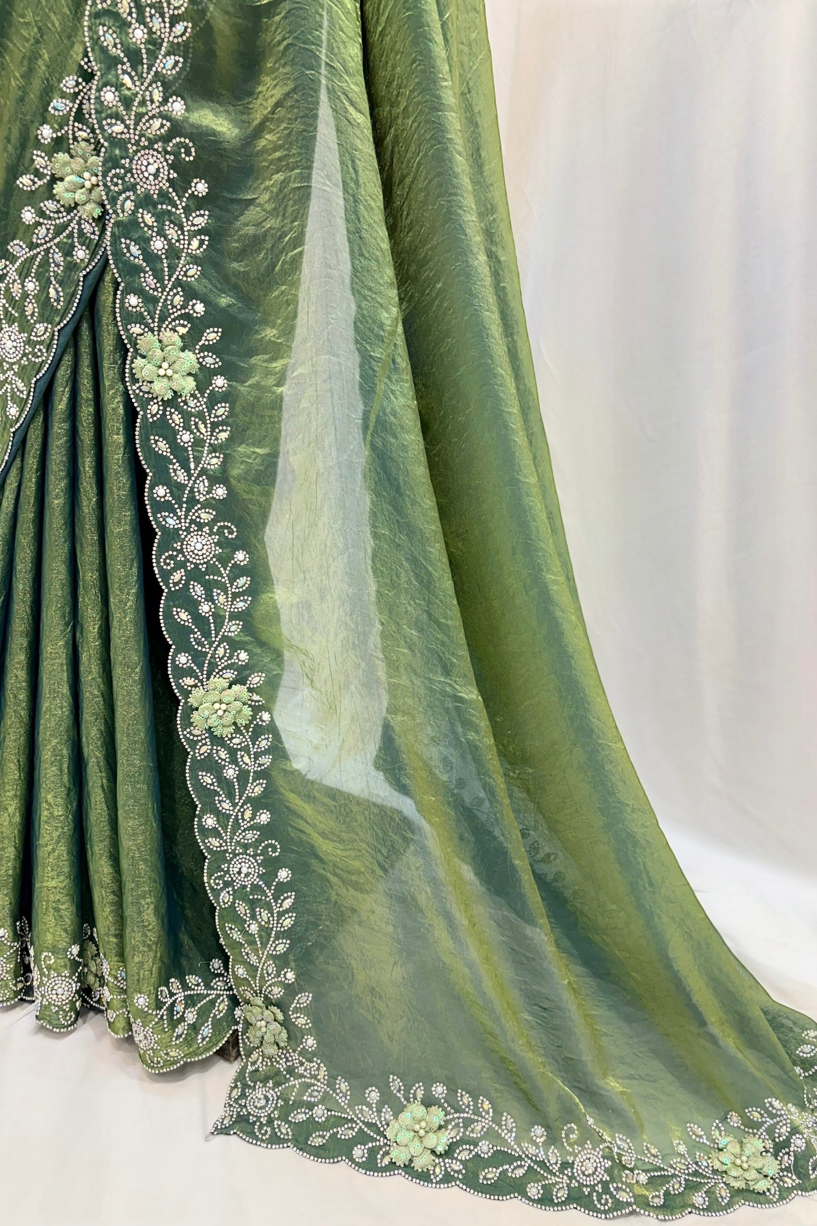 Olive green floral embellished saree
