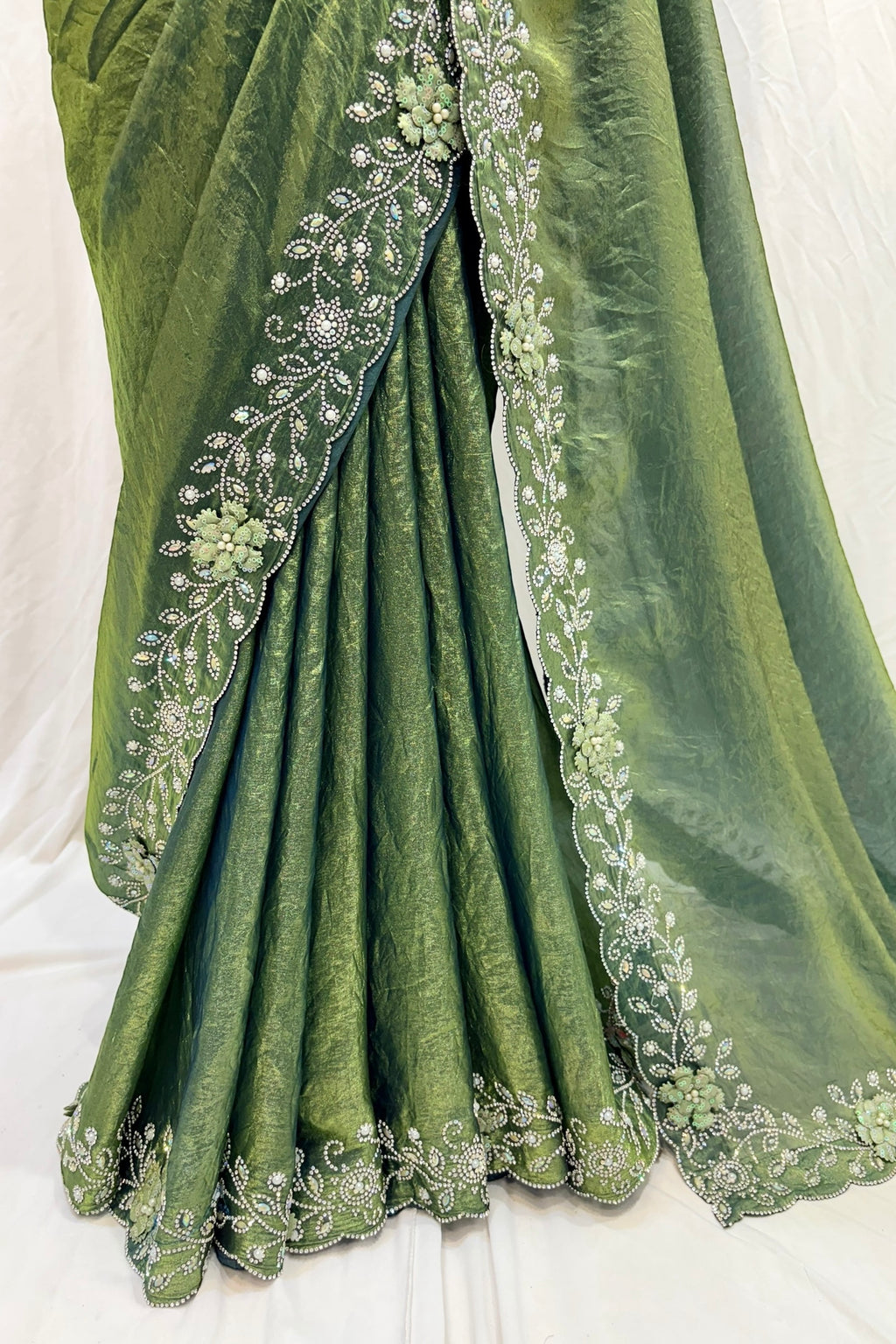 Olive green floral embellished saree