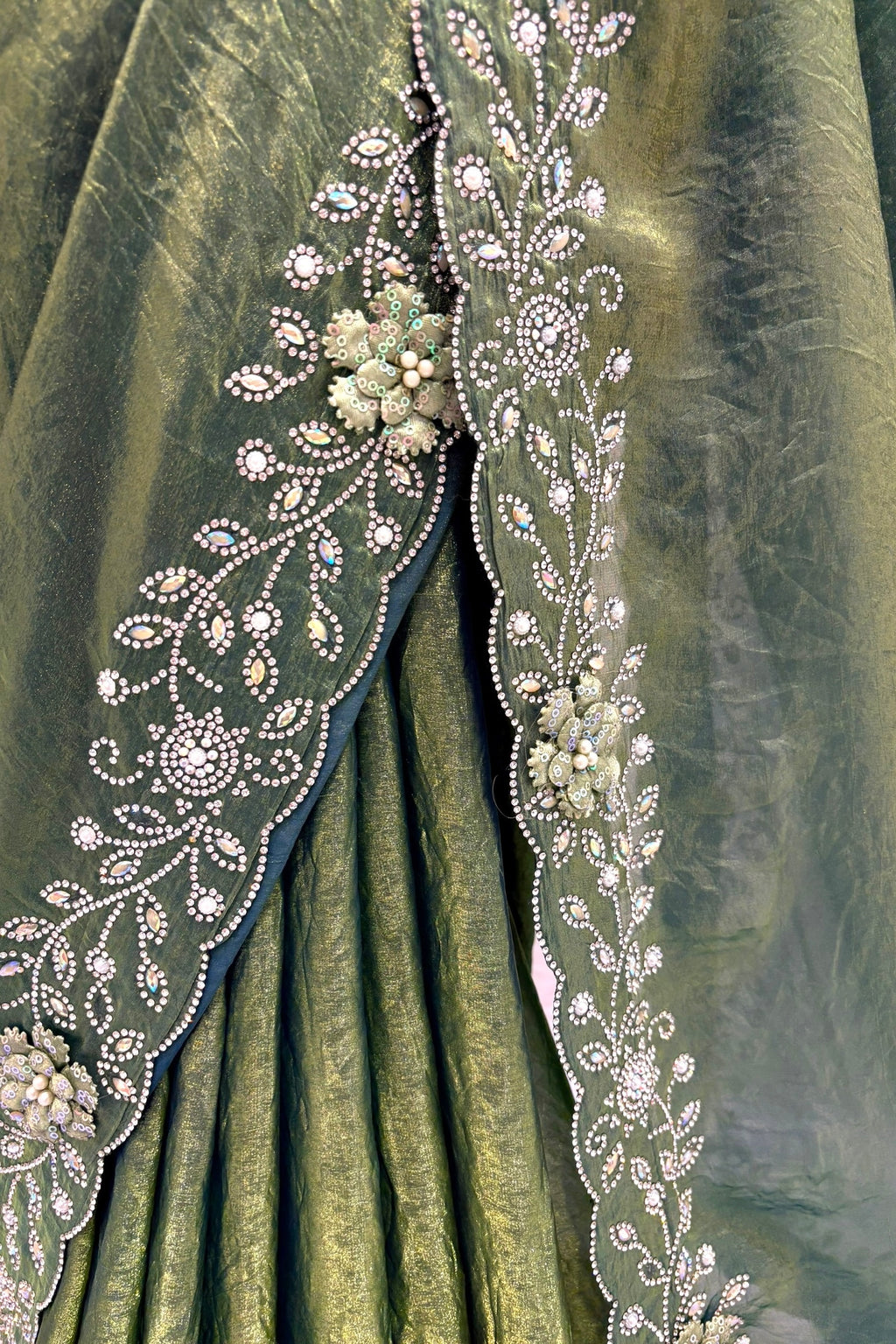 Olive green floral embellished saree