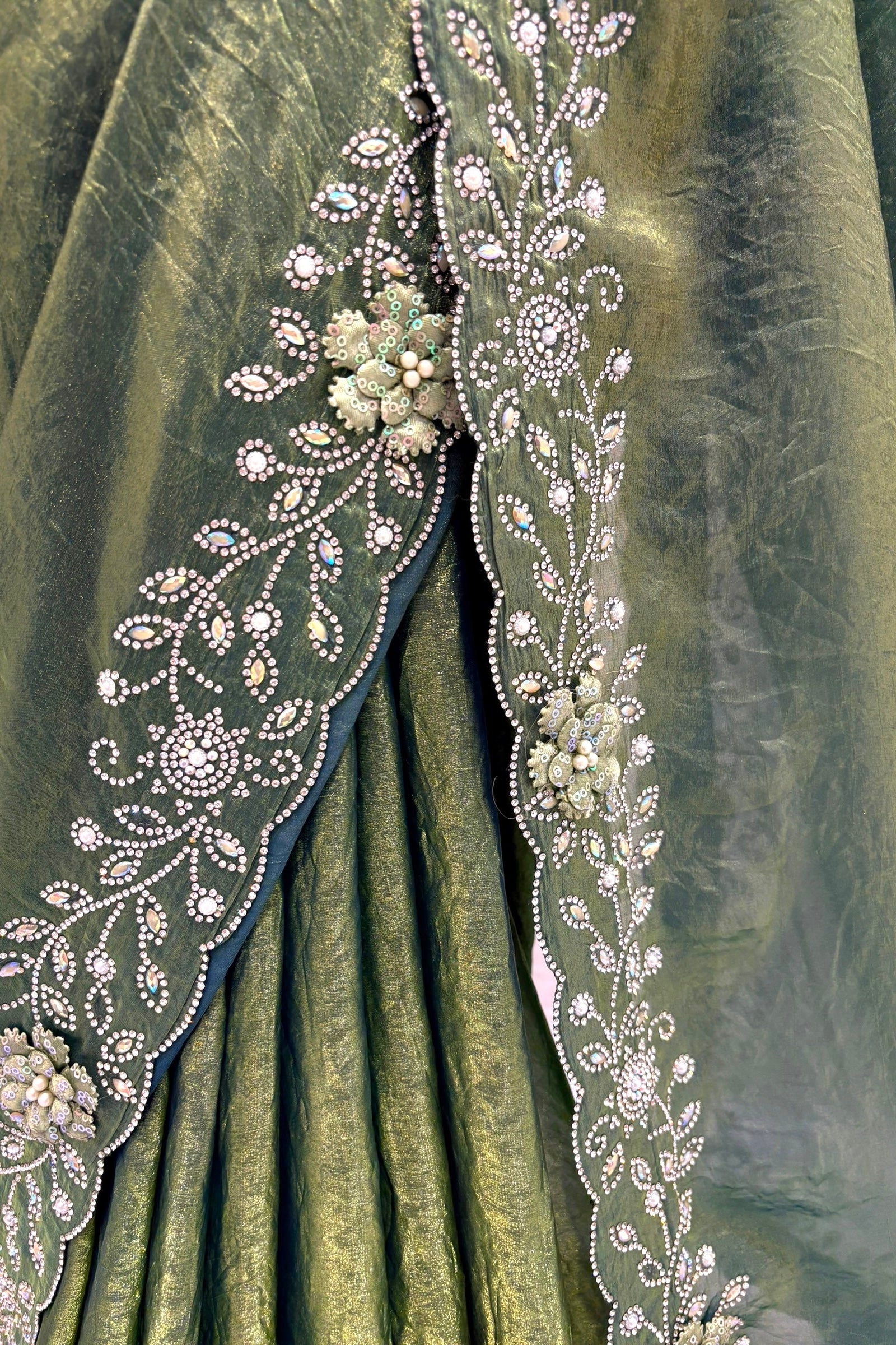 Olive green floral embellished saree