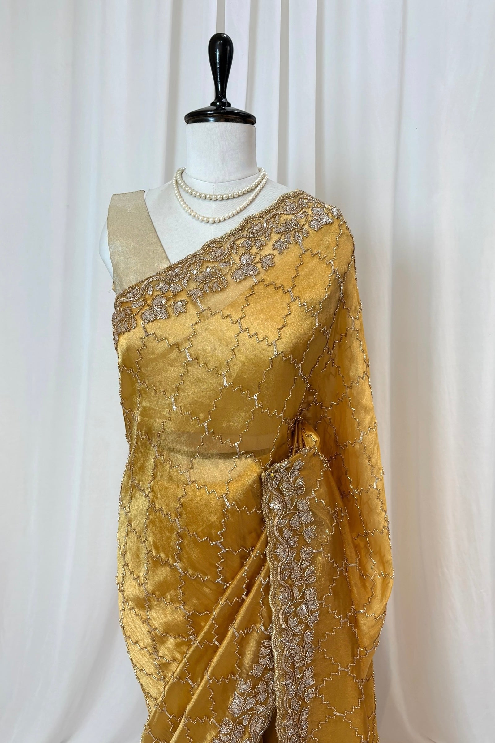 Yellow soft organza embellished saree