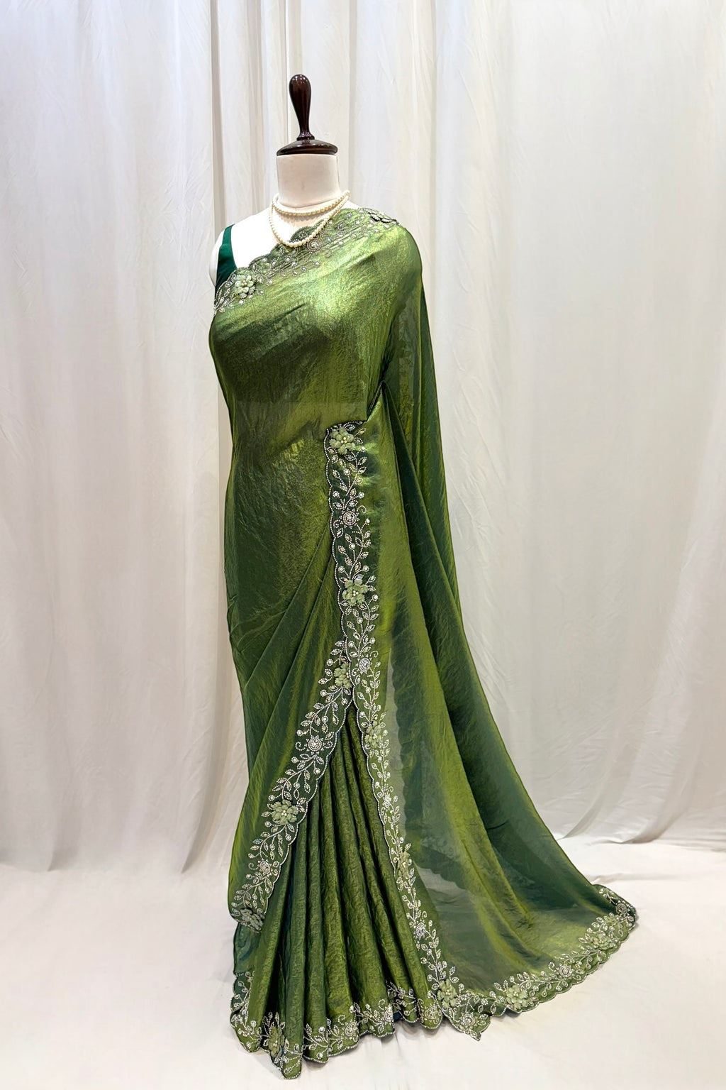 Olive green floral embellished saree