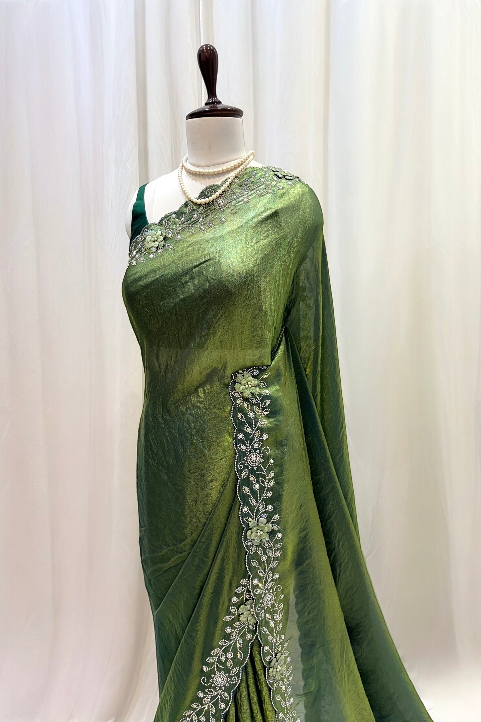 Olive green floral embellished saree