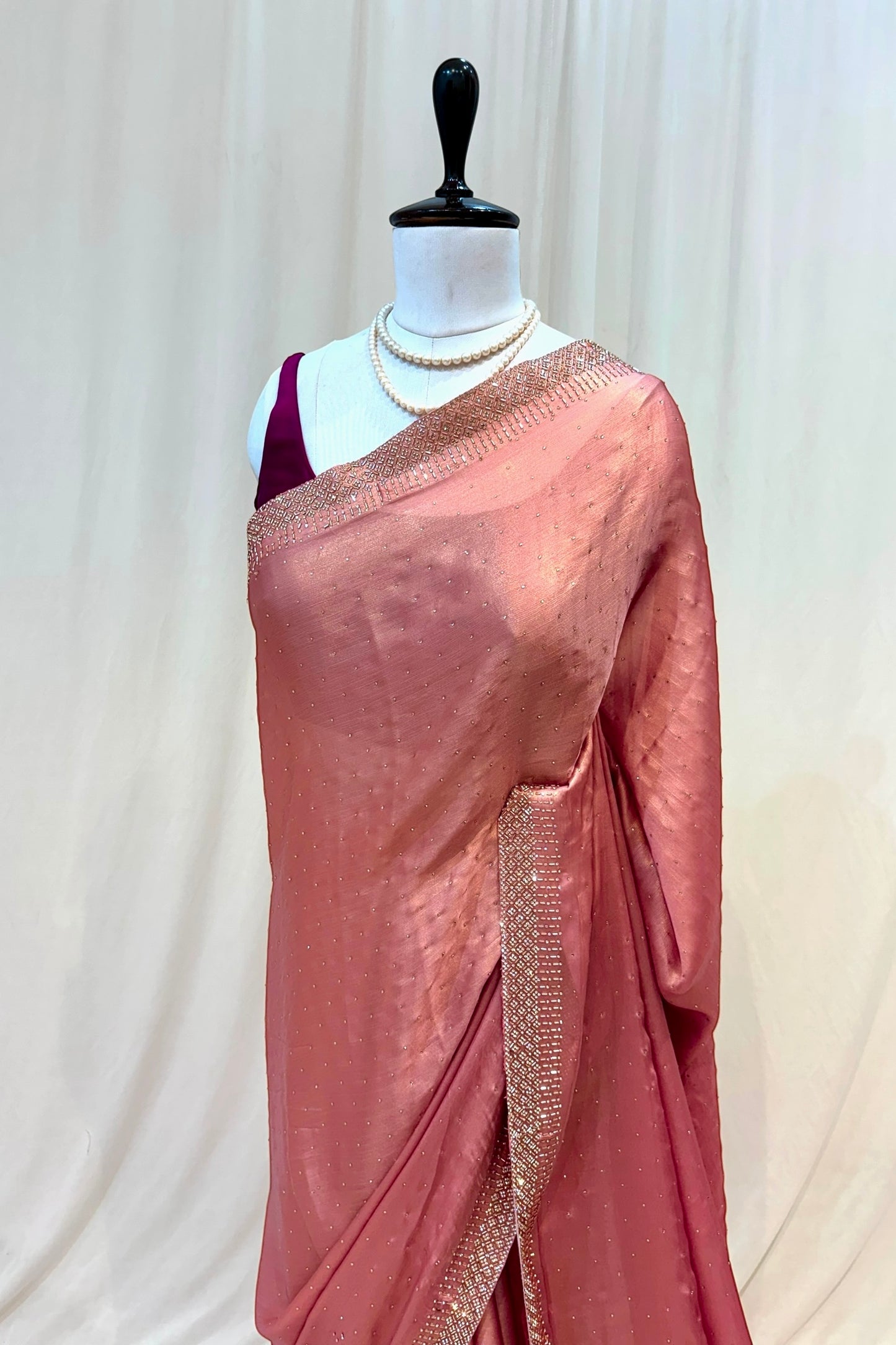 Sheen chiffon swarovski saree - Peach