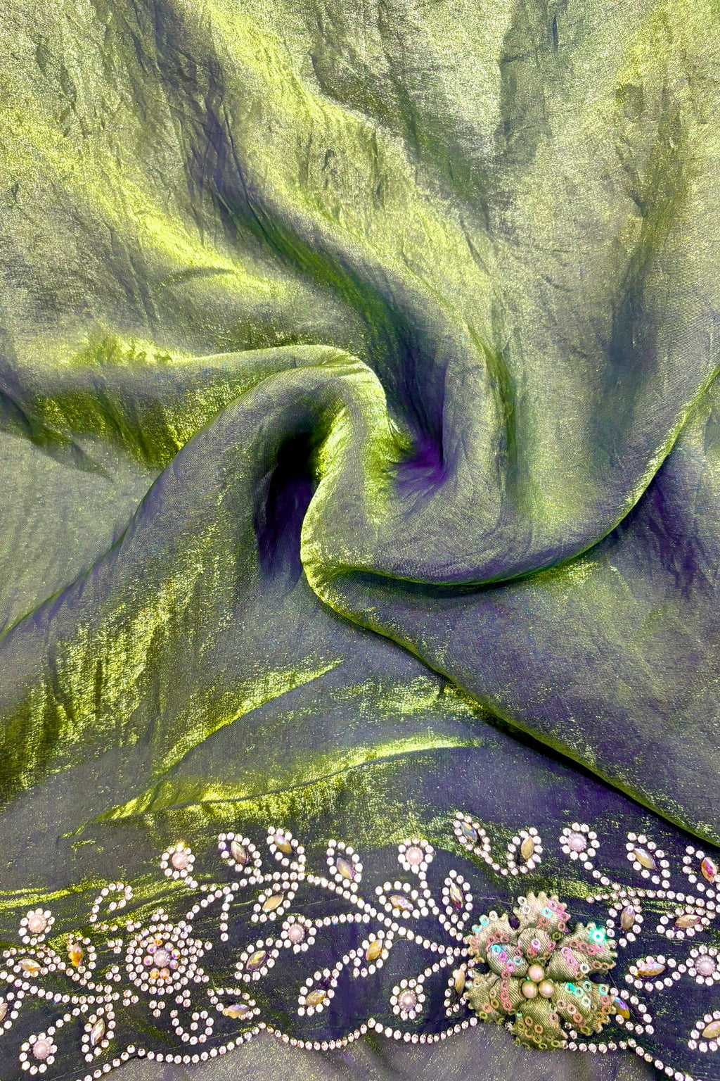 Olive green floral embellished saree