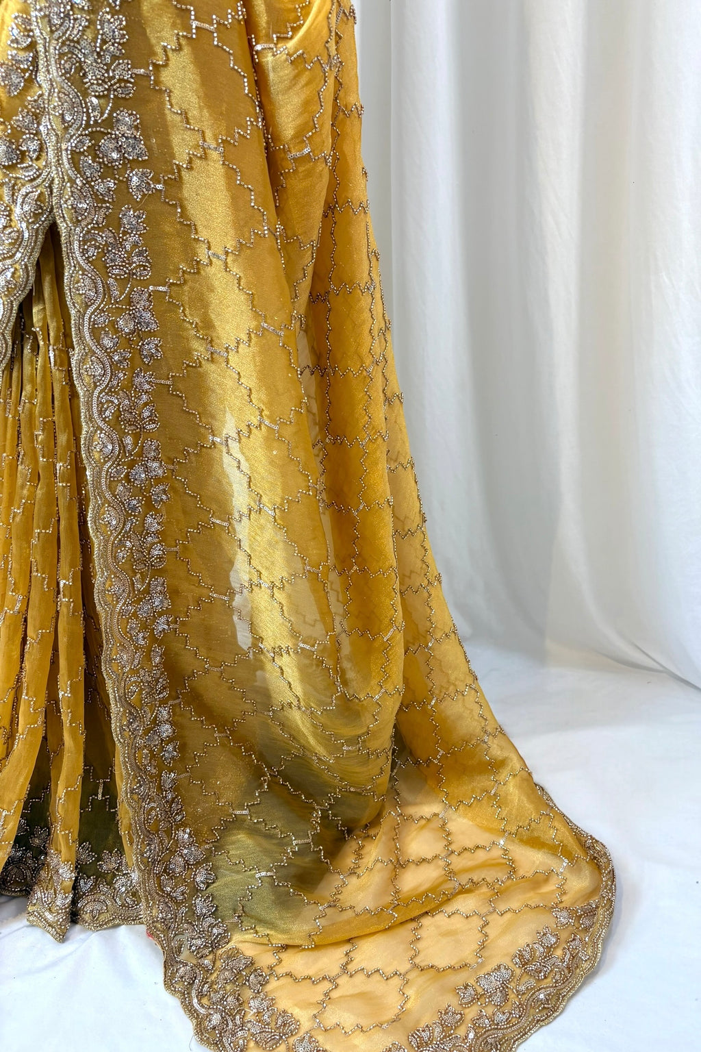 Yellow soft organza embellished saree