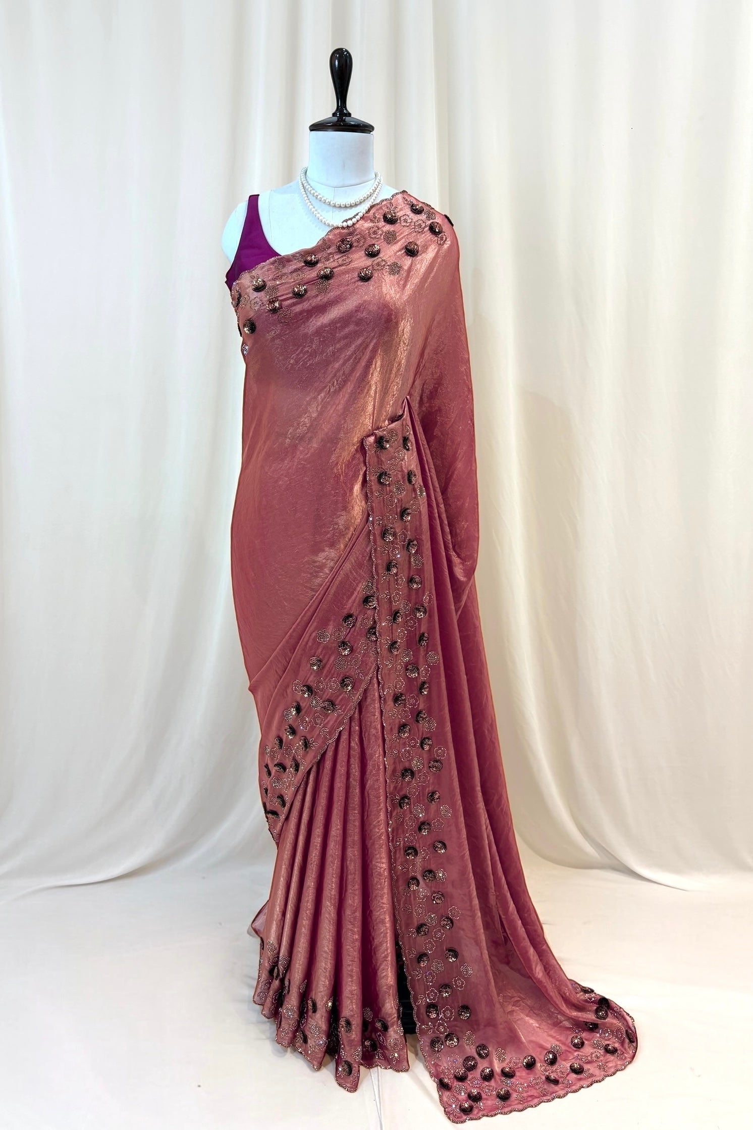 Rose sequins fendy saree - Pink