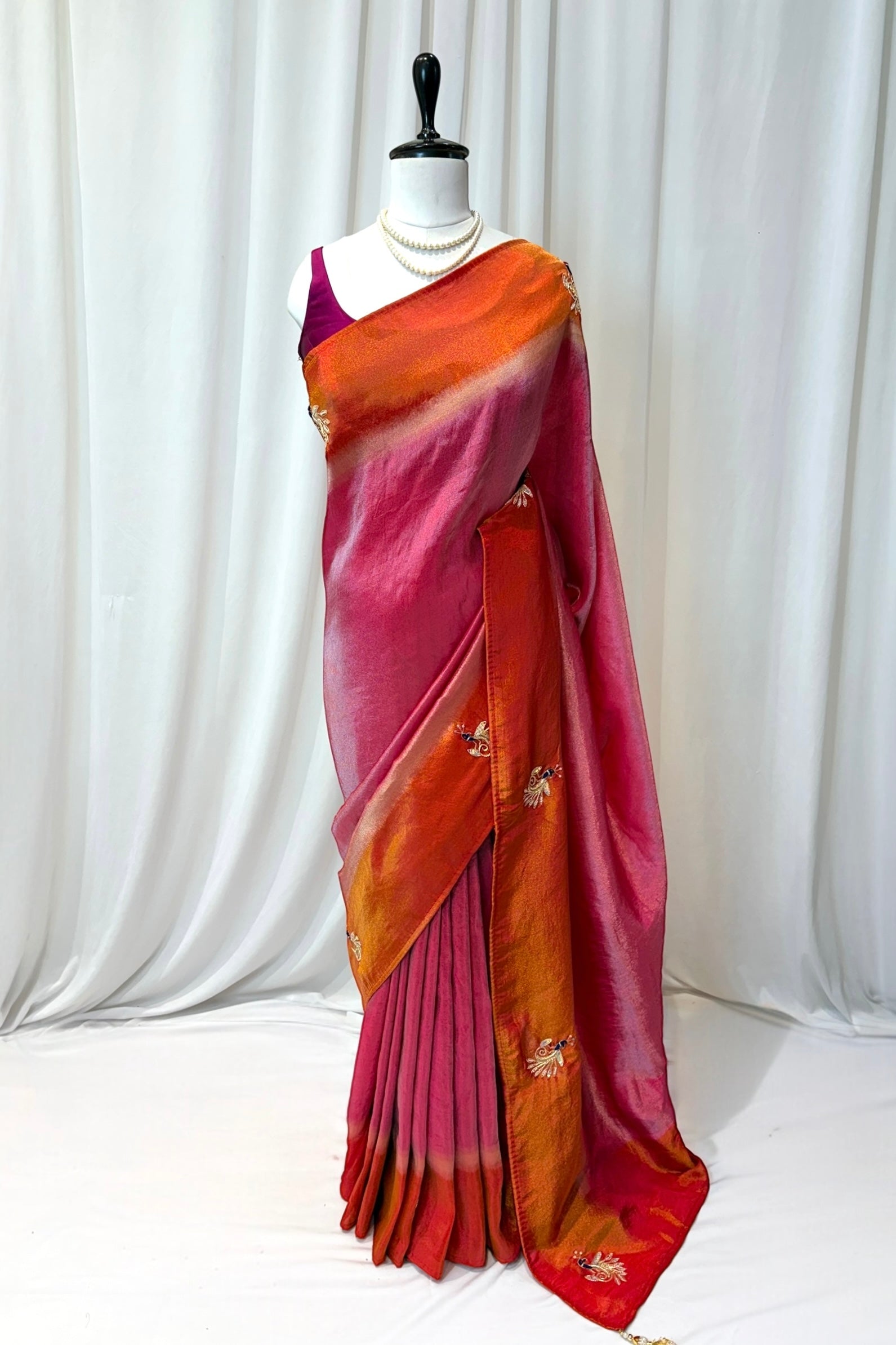 Soft tissue embellished saree - Pink