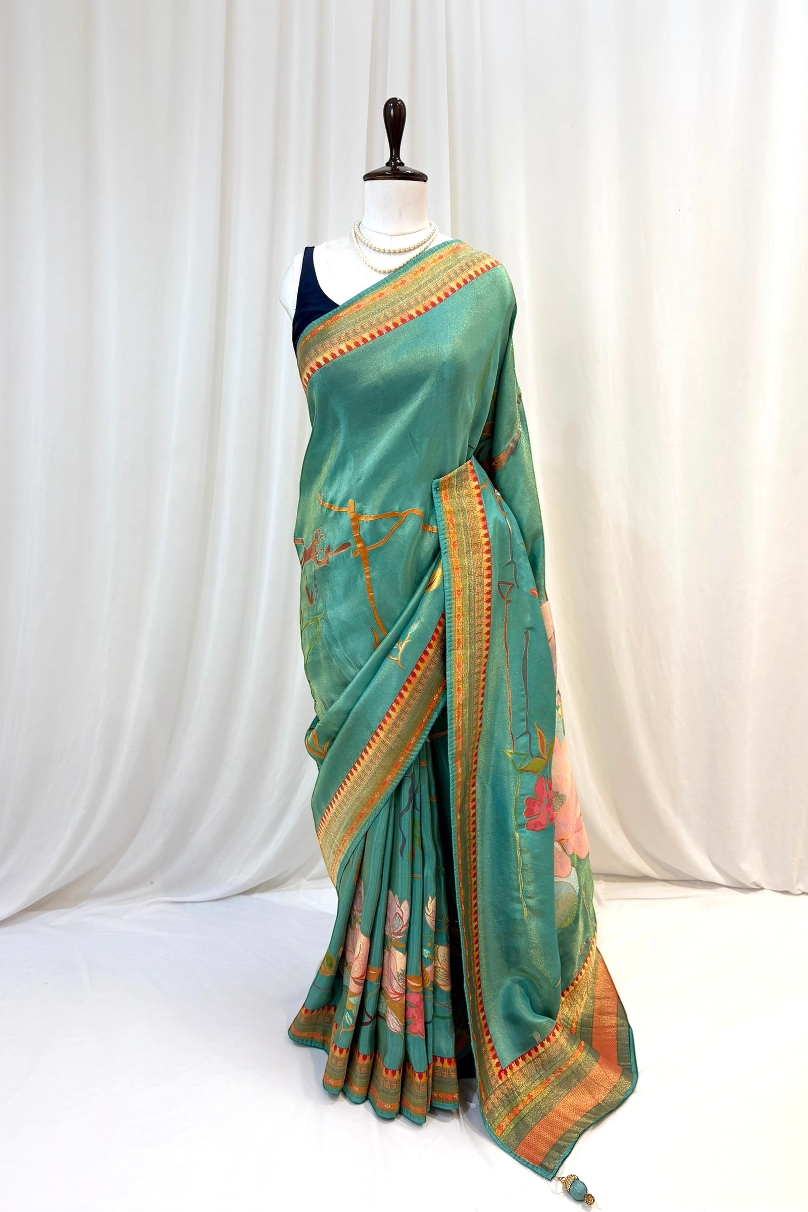 Floral tissue organza saree - Turquoise