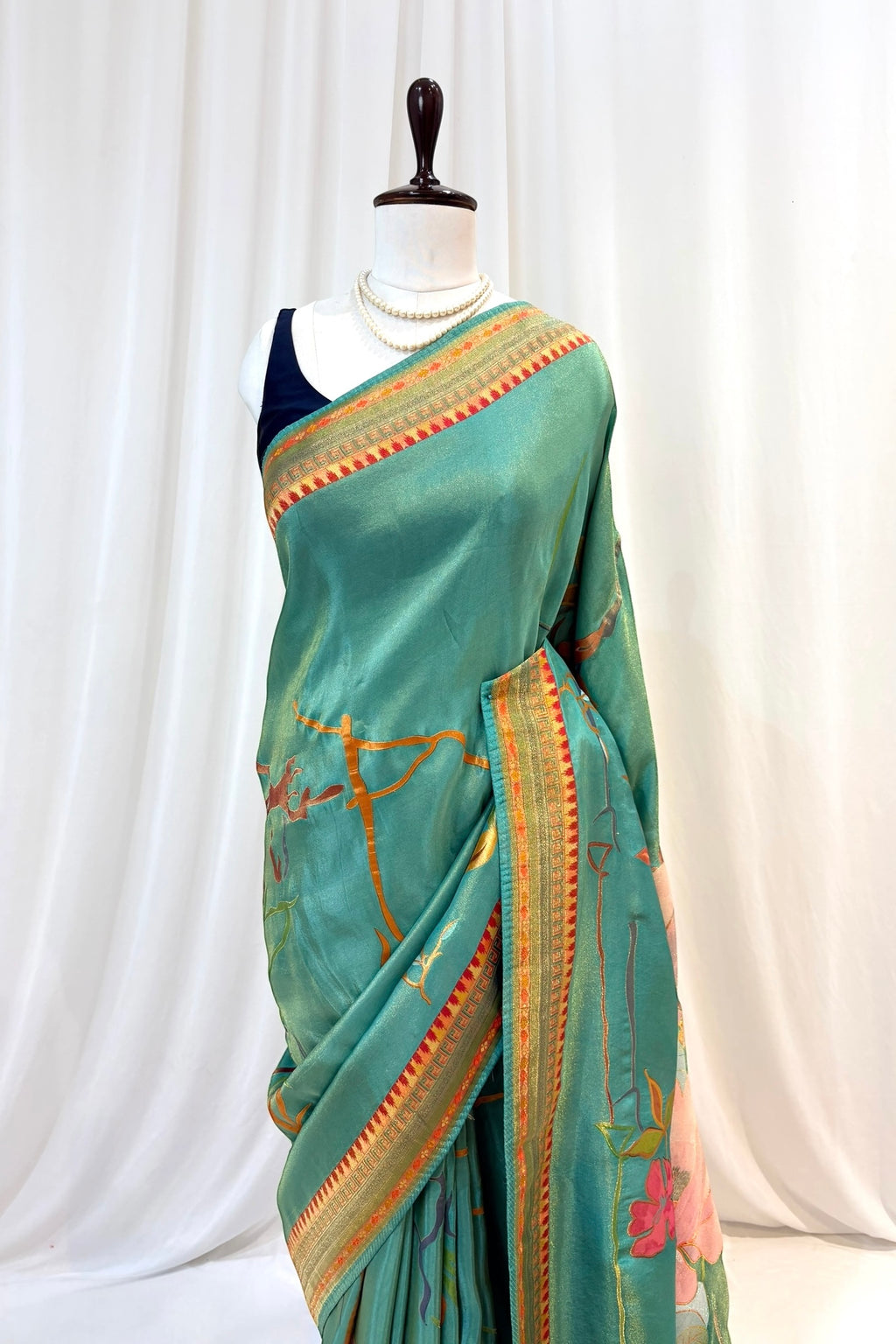 Floral tissue organza saree - Turquoise