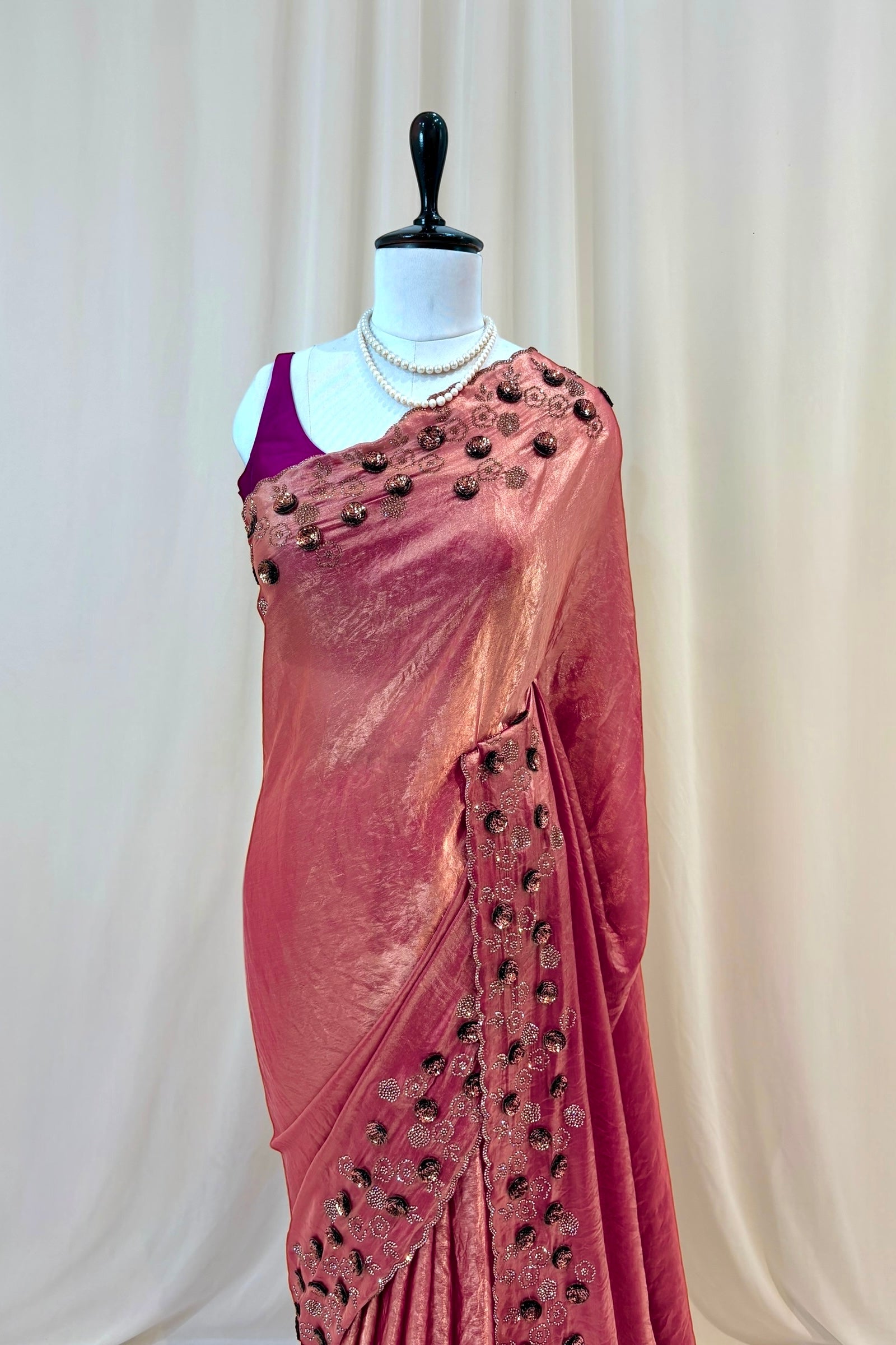 Rose sequins fendy saree - Pink