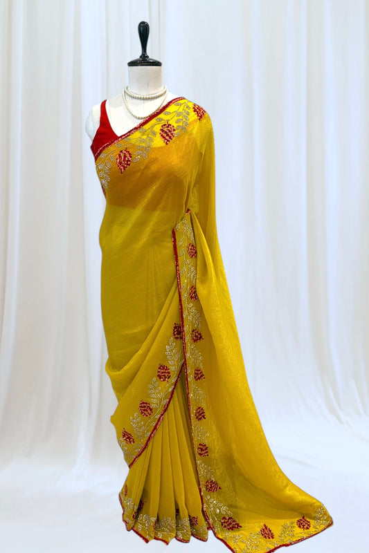 Haldi yellow soft organza saree -Leaf design