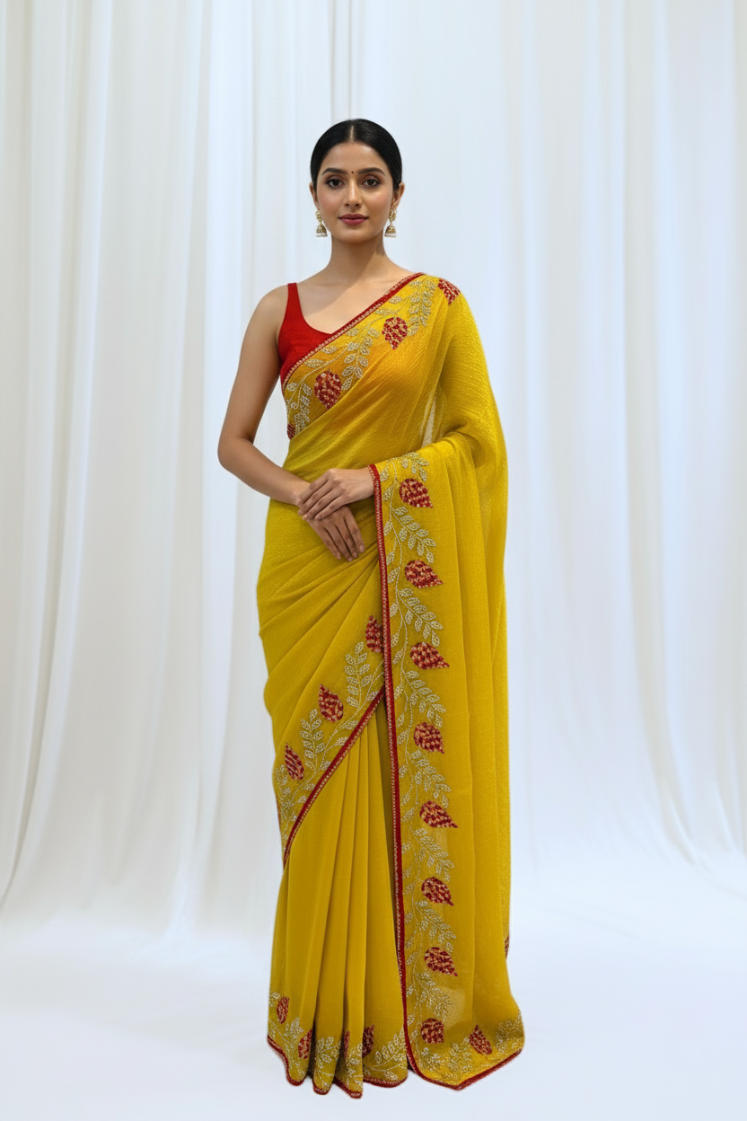 Haldi yellow soft organza saree -Leaf design