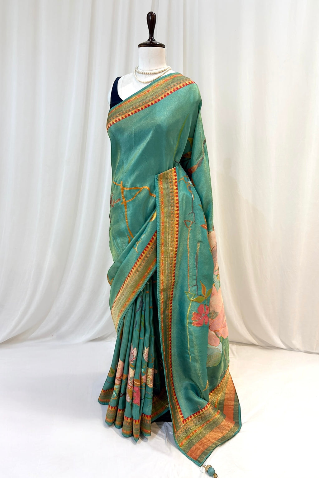 Floral tissue organza saree - Turquoise