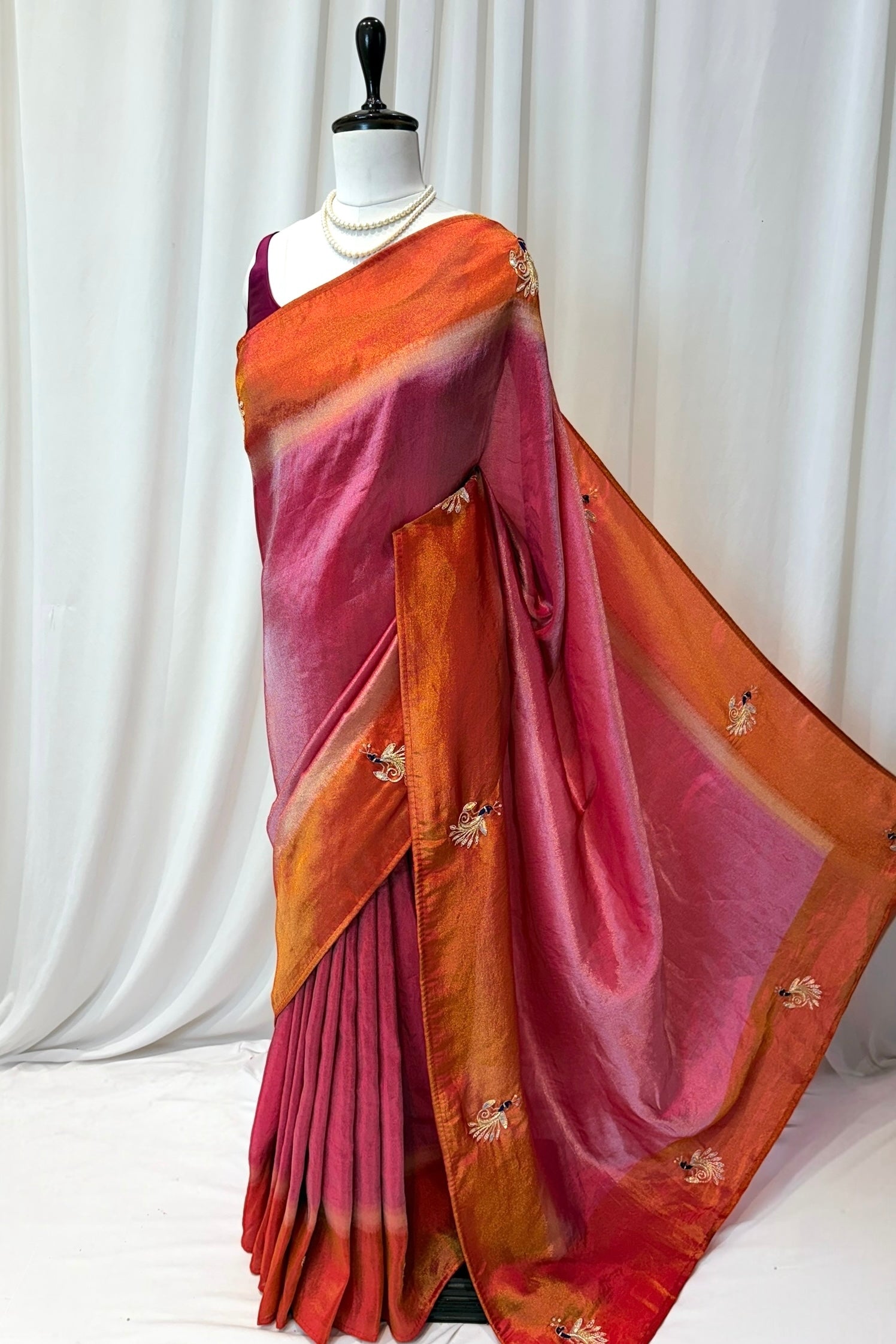 Soft tissue embellished saree - Pink