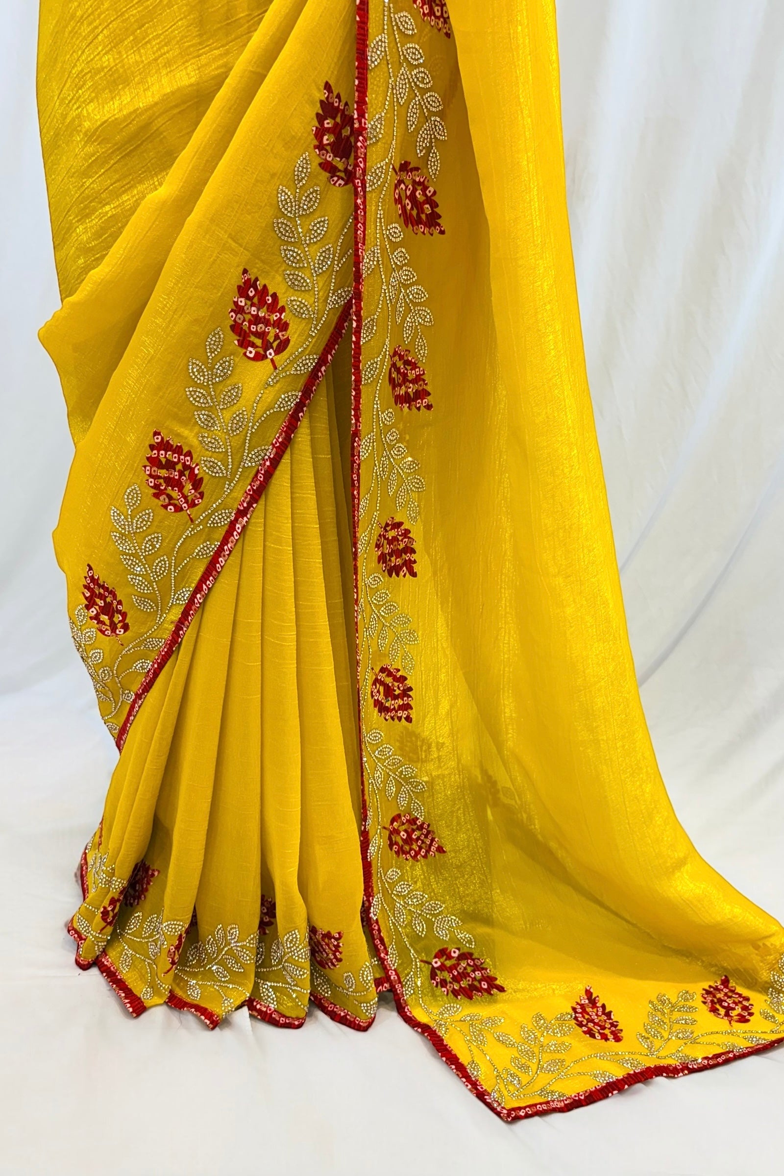 Haldi yellow soft organza saree -Leaf design