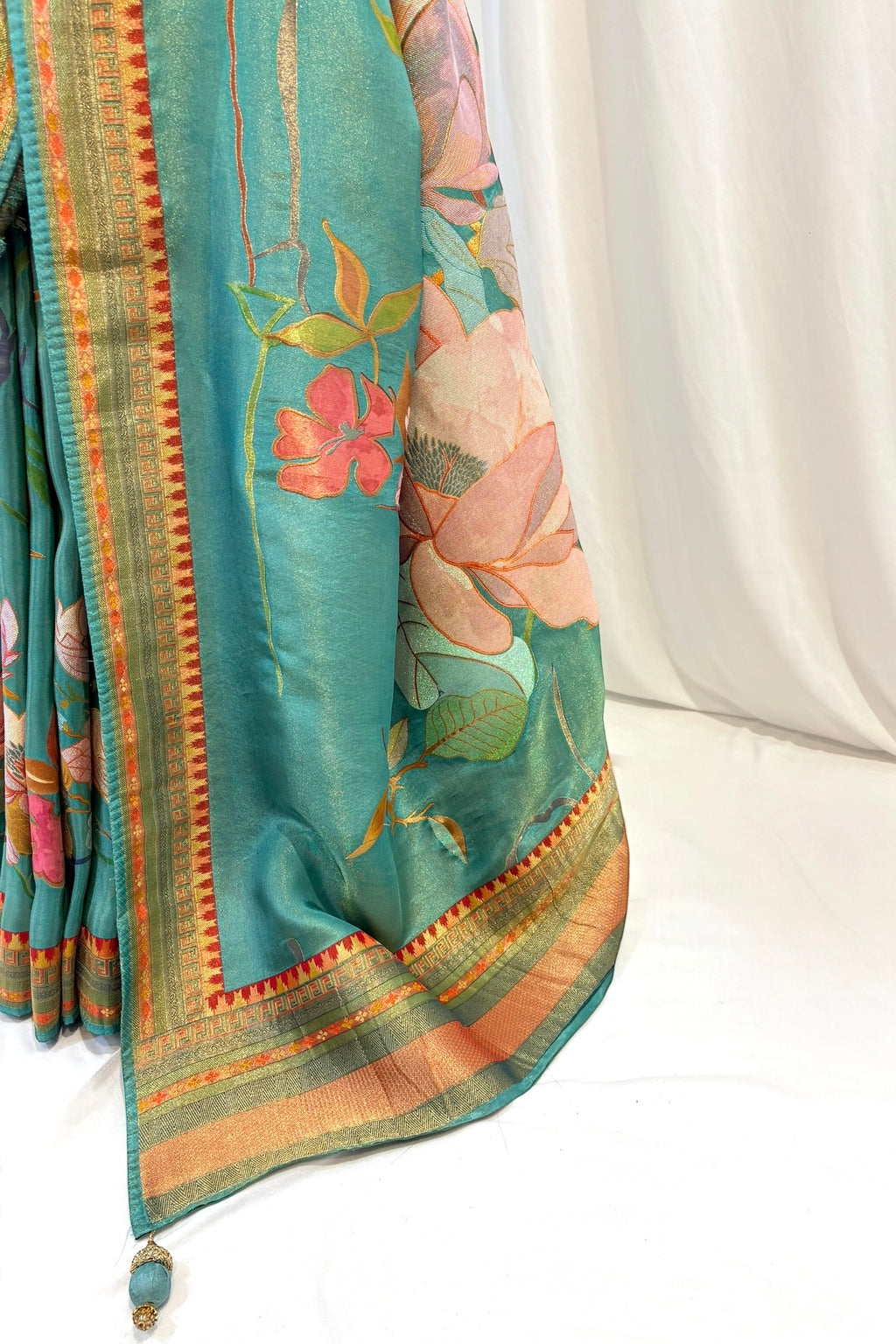 Floral tissue organza saree - Turquoise