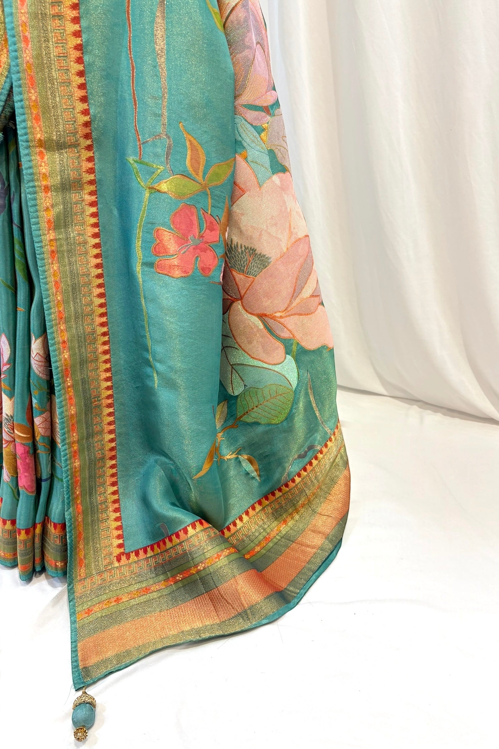 Floral tissue organza saree - Turquoise