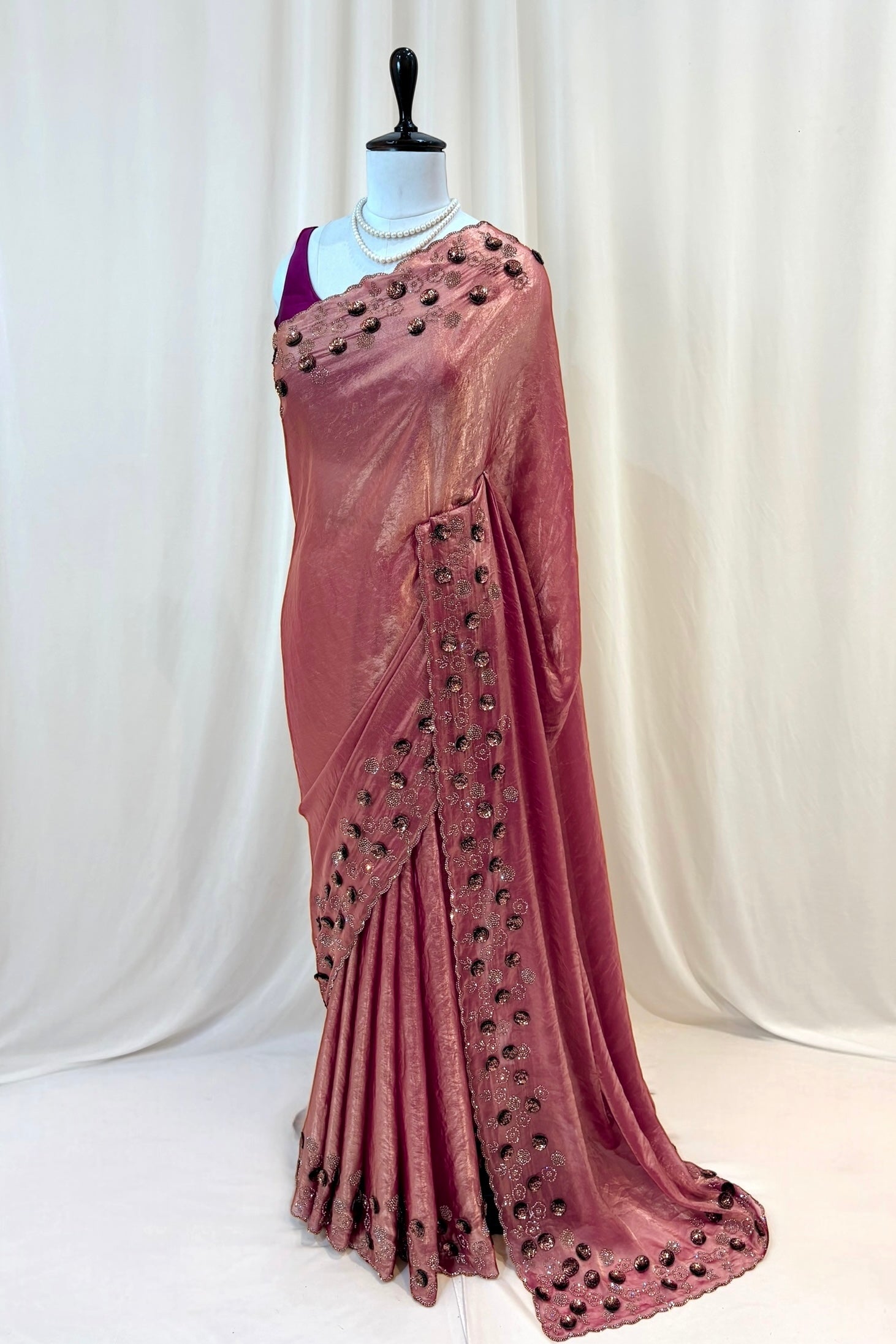 Rose sequins fendy saree - Pink