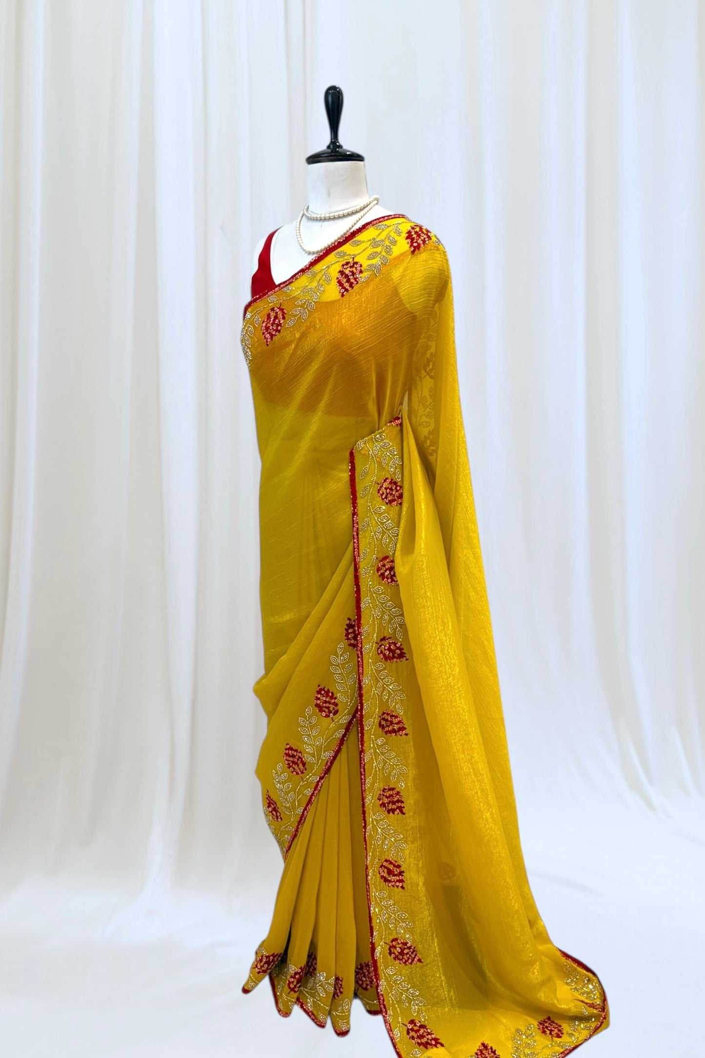 Haldi yellow soft organza saree -Leaf design