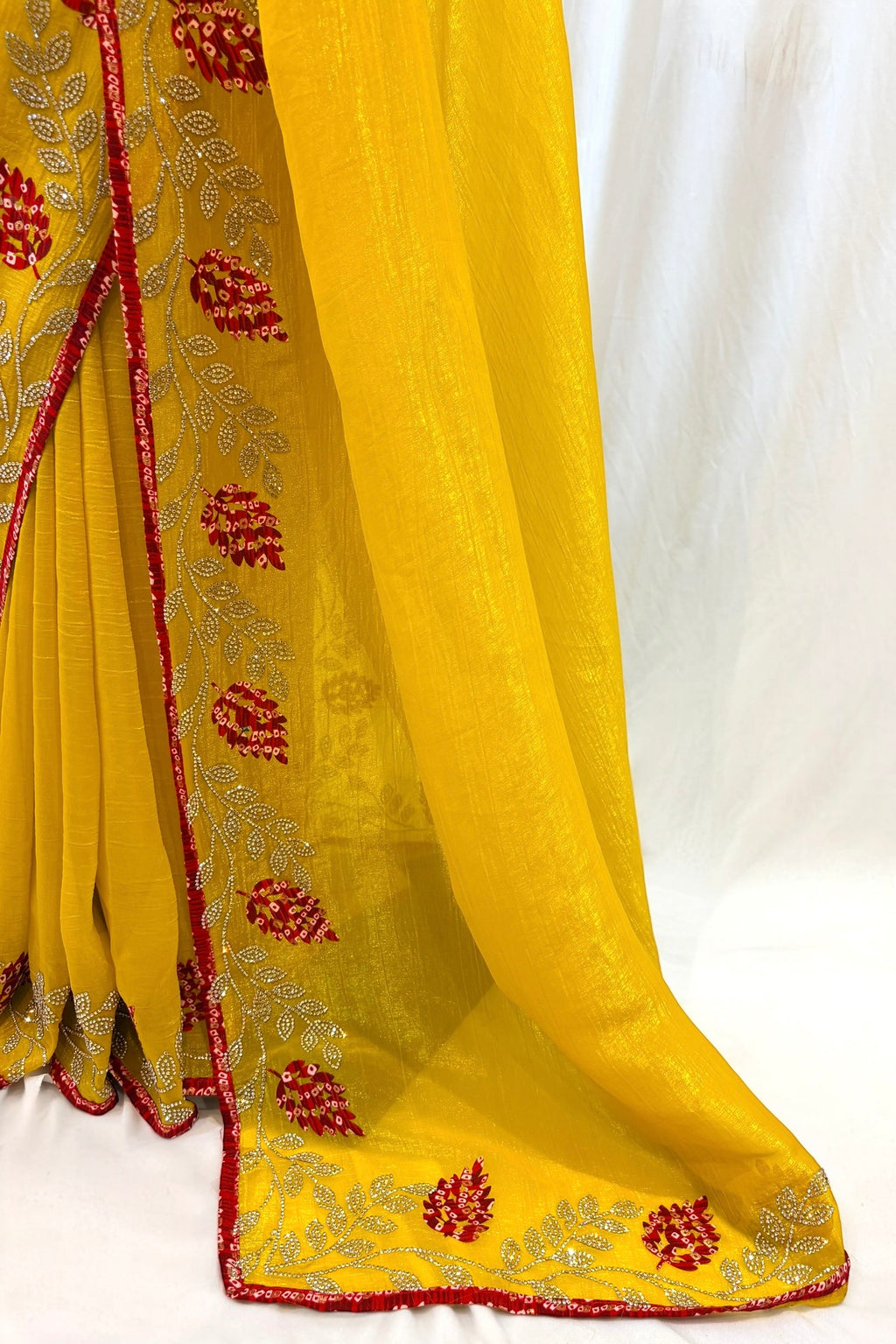 Haldi yellow soft organza saree -Leaf design