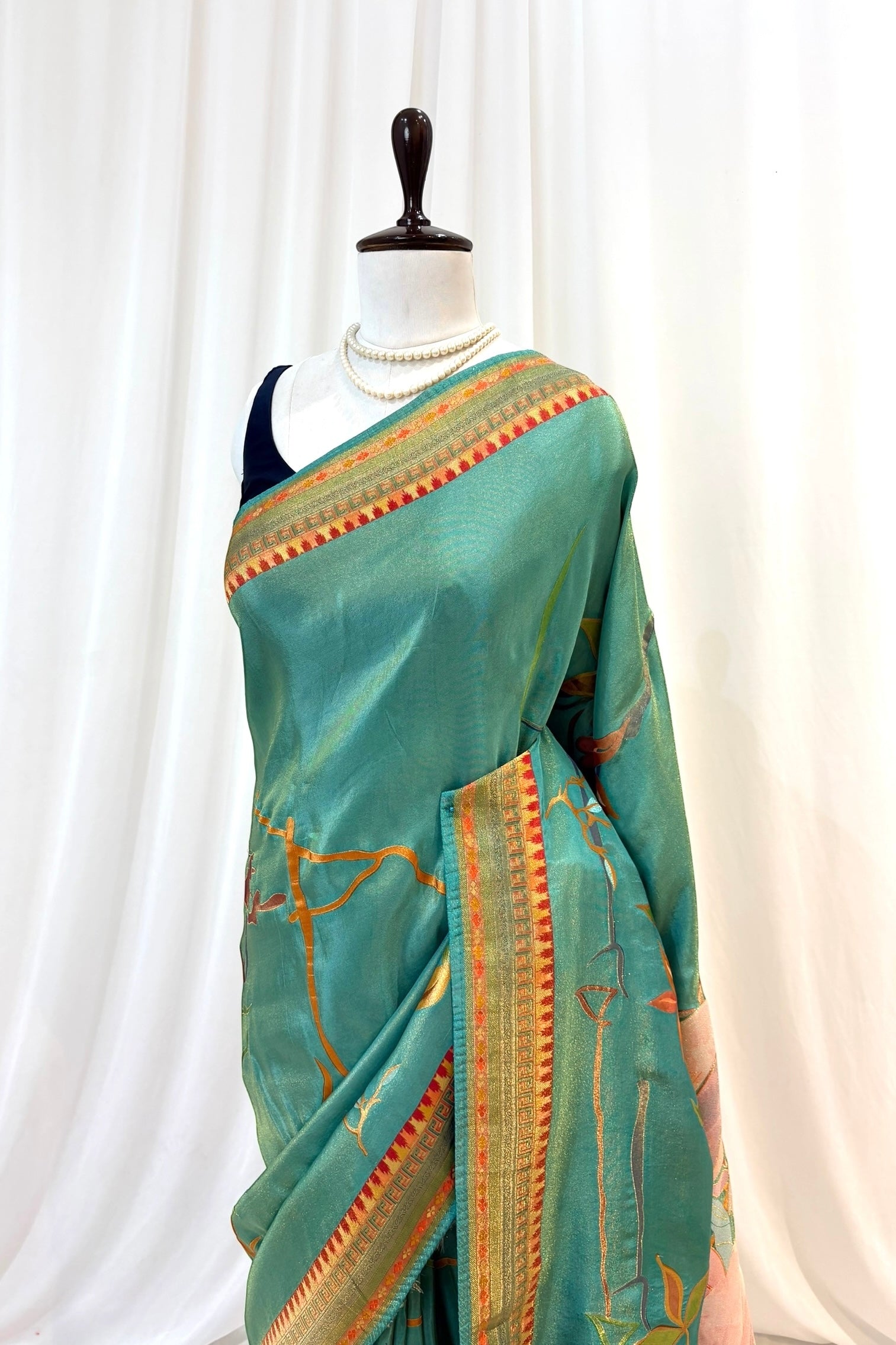 Floral tissue organza saree - Turquoise