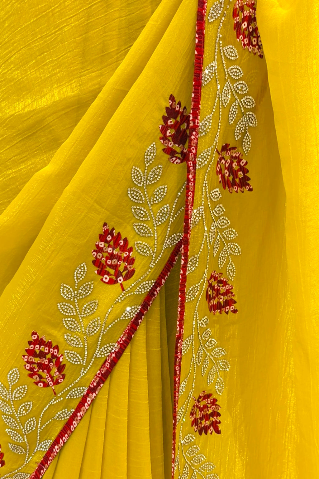 Haldi yellow soft organza saree -Leaf design